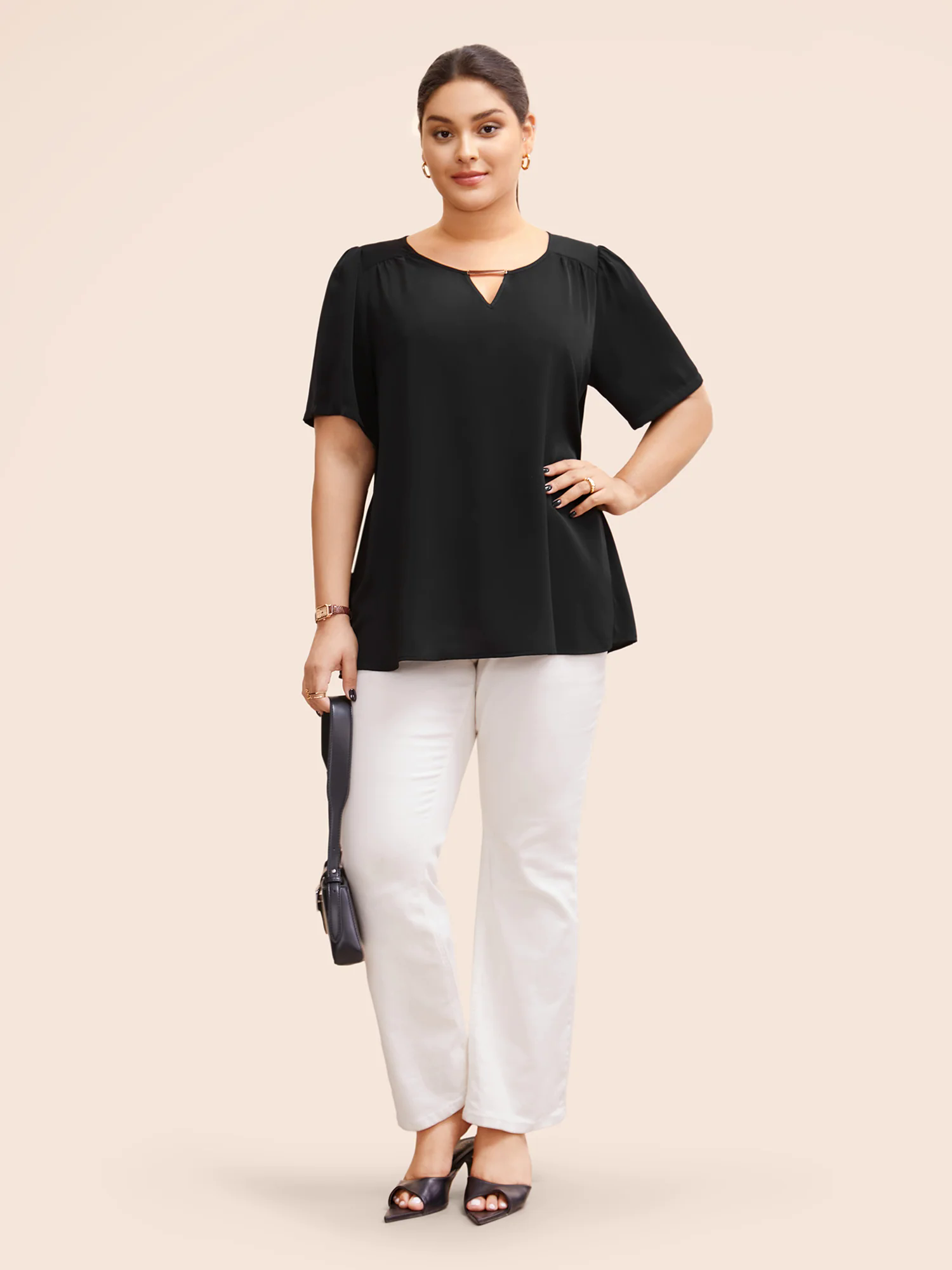 Anti-Wrinkle Plain Metal Detail Keyhole Neck Blouse Anti-Wrinkle Plain Metal Detail Keyhole Neck Blouse
