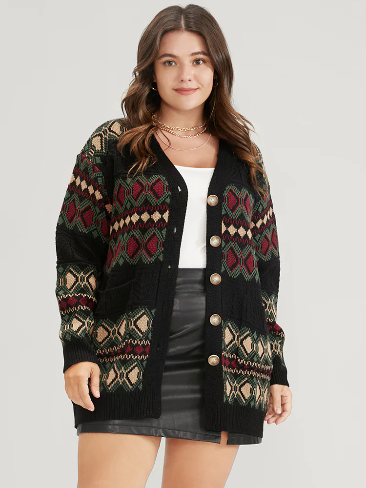 Geometric Contrast Pointelle Knit Pocket Jacquard Button Front Cardigan Geometric Contrast Pointelle Knit Pocket Jacquard Button Front Cardigan
