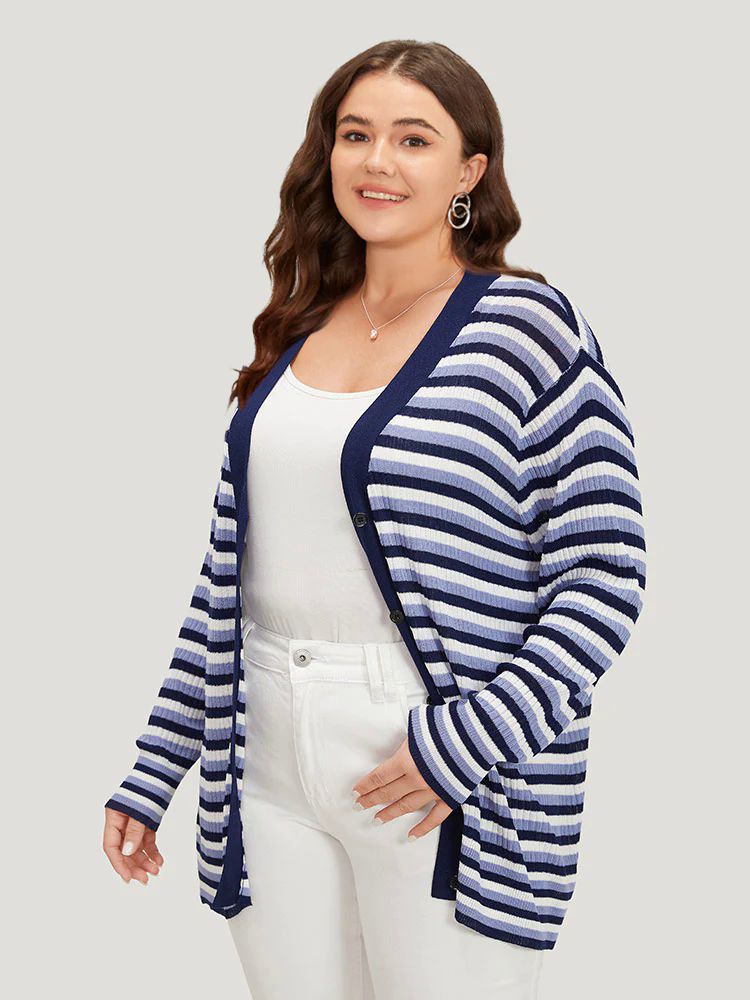 Contrast Striped Rib Knit Button Through Cardigan Contrast Striped Rib Knit Button Through Cardigan