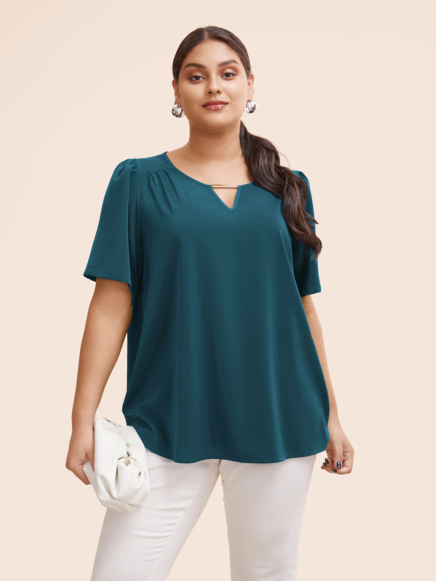 Anti-Wrinkle Plain Metal Detail Keyhole Neck Blouse Anti-Wrinkle Plain Metal Detail Keyhole Neck Blouse