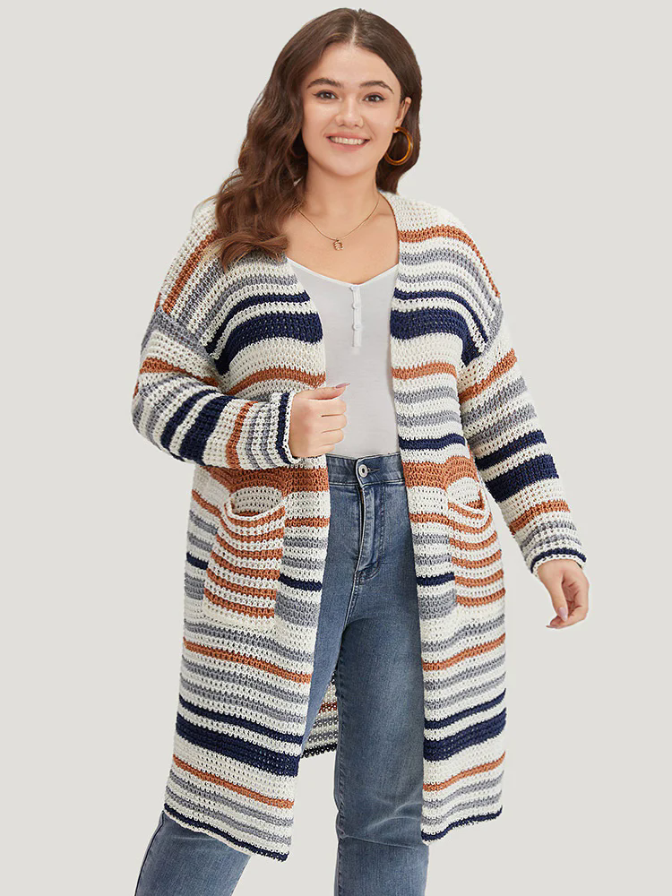 Contrast Striped Patched Pocket Split Side Cardigan Contrast Striped Patched Pocket Split Side Cardigan