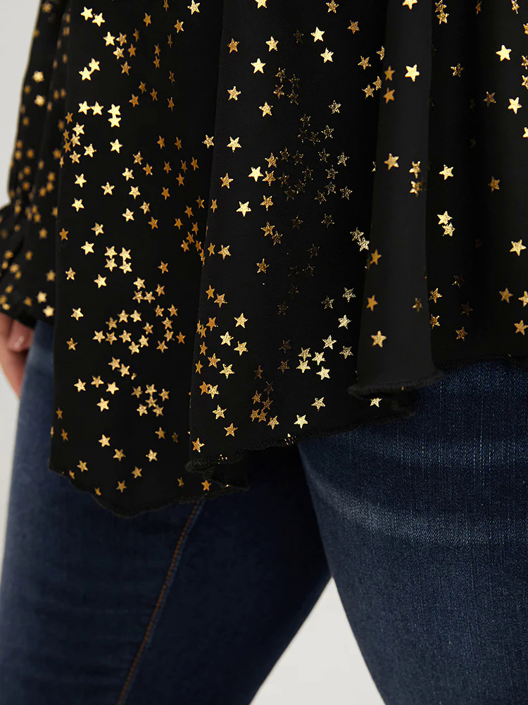 Star Print Lantern Sleeve Asymmetrical Ruffles Hem Wrap Blouse Star Print Lantern Sleeve Asymmetrical Ruffles Hem Wrap Blouse