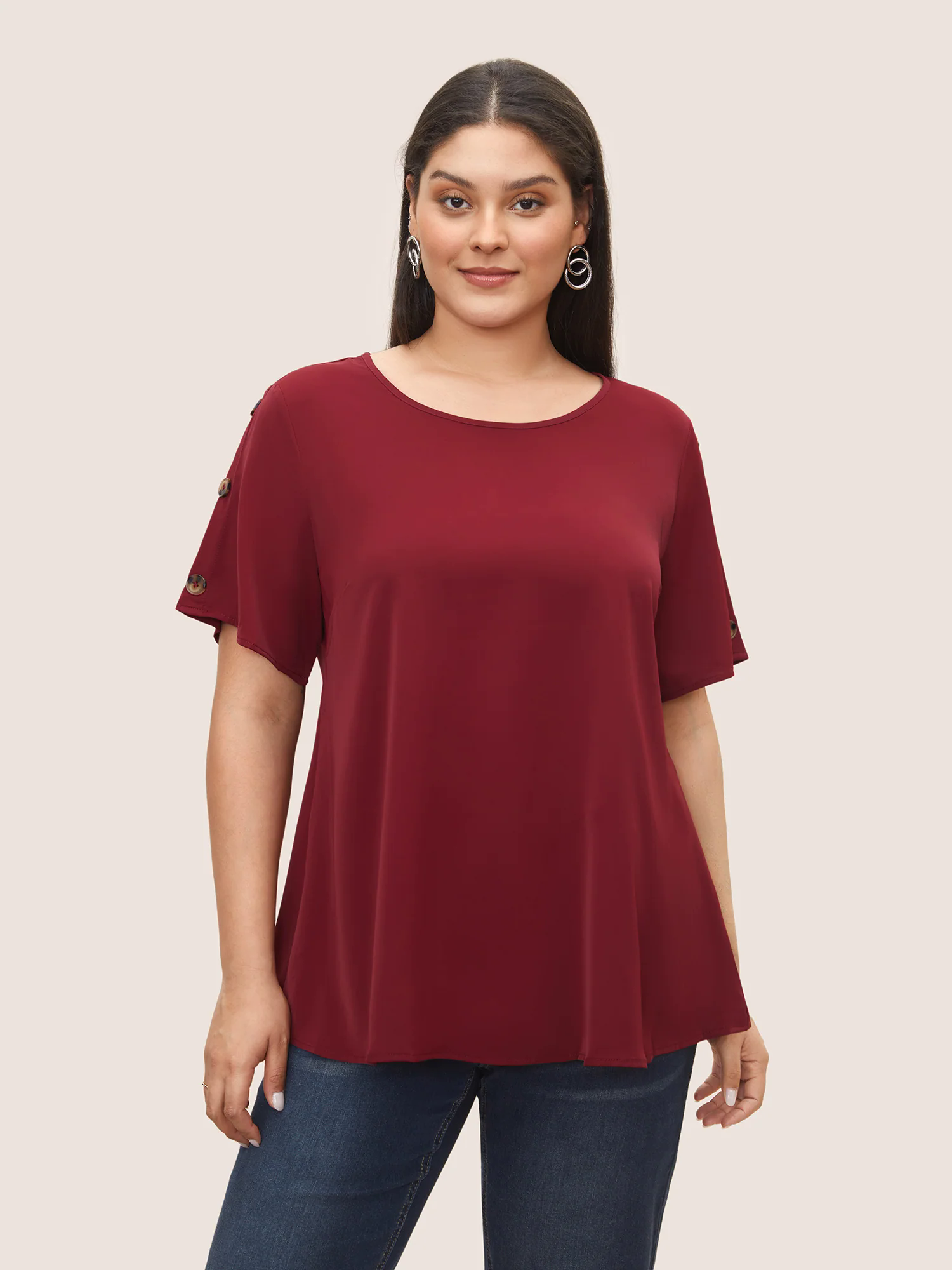 Plain Round Neck Button Detail Blouse Plain Round Neck Button Detail Blouse