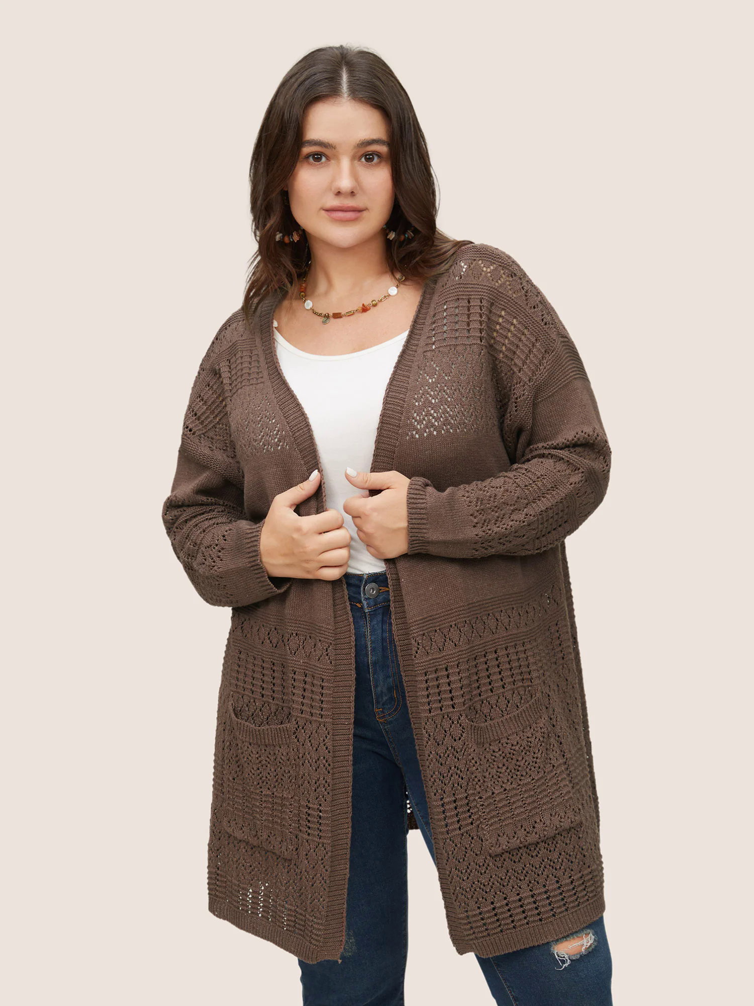 Solid Geometric Hollow Out Pocket Cardigan Solid Geometric Hollow Out Pocket Cardigan