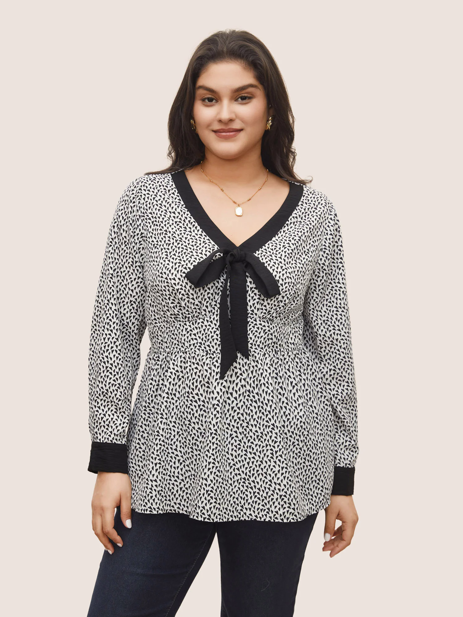 Heart Print Bowknot Elastic Waist Blouse Heart Print Bowknot Elastic Waist Blouse
