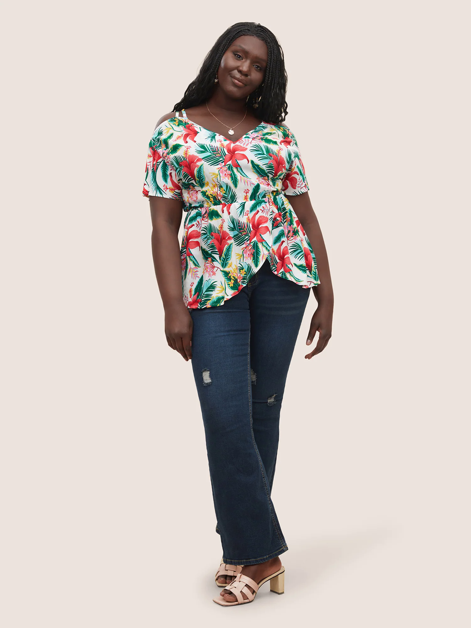 Tropical Print Elastic Waist Cold Shoulder Wrap Hem Blouse Tropical Print Elastic Waist Cold Shoulder Wrap Hem Blouse