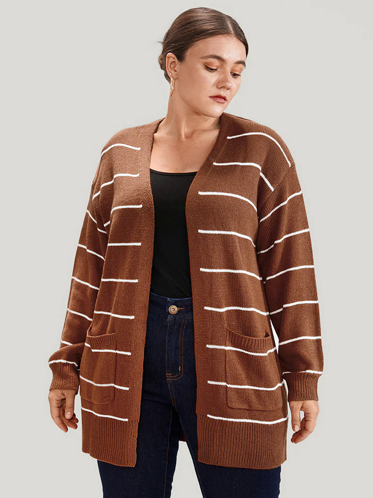 Striped Pointelle Knit Button Side Pocket Open Front Cardigan Striped Pointelle Knit Button Side Pocket Open Front Cardigan