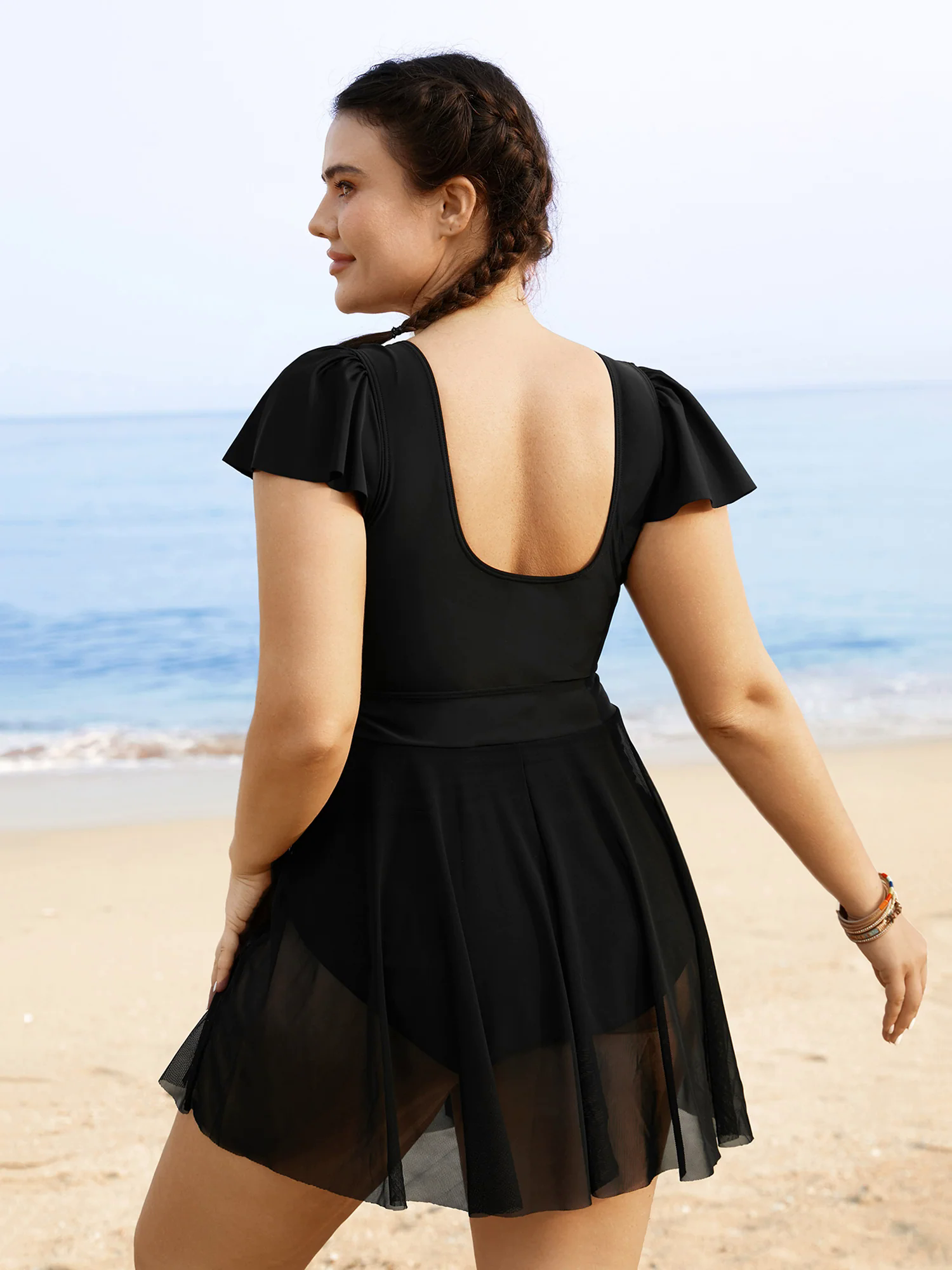 Solid Ruffles Gathered See Through Swim Dress Solid Ruffles Gathered See Through Swim Dress
