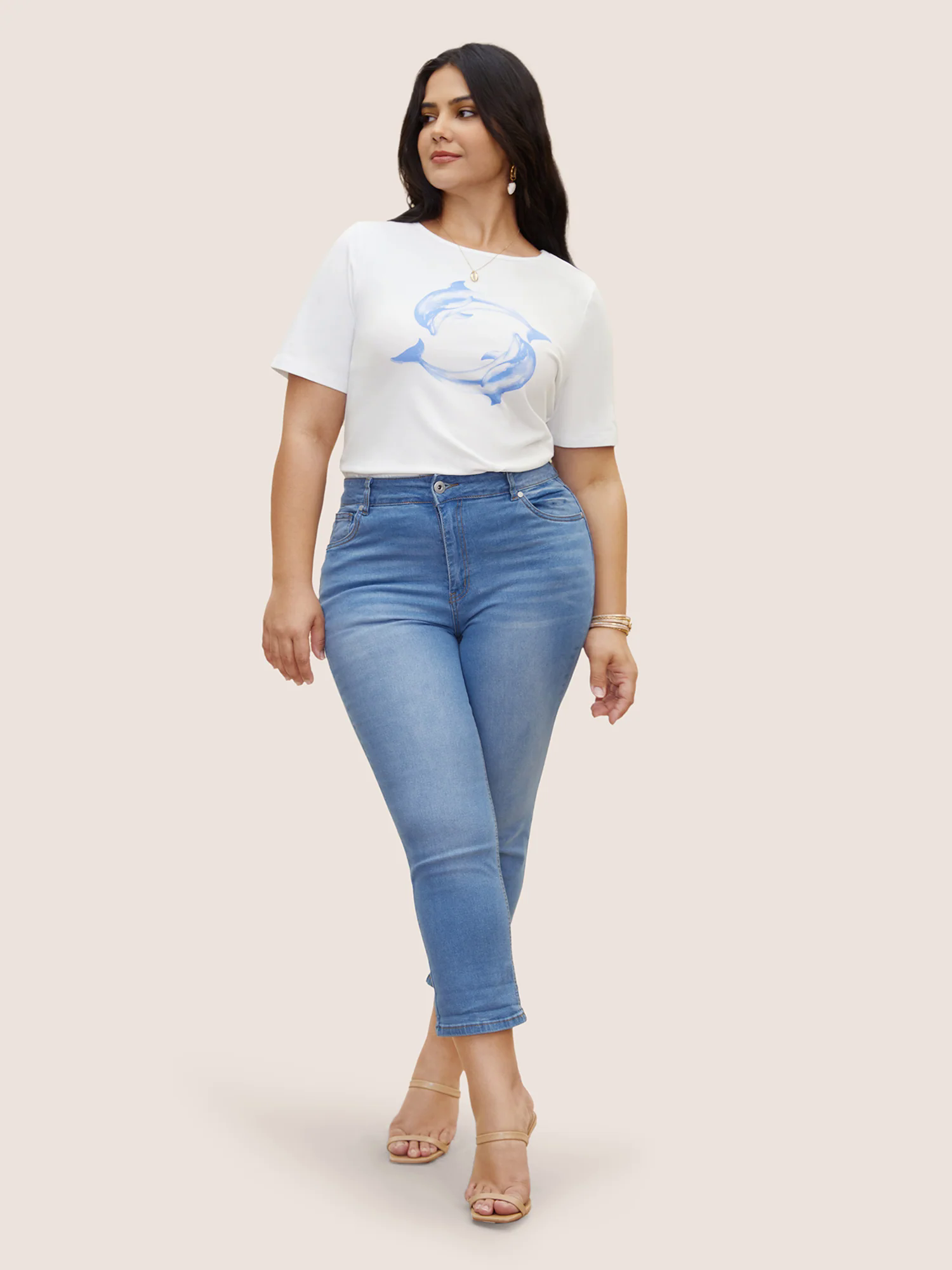 Crew Neck Dolphin Print Arc Hem T-shirt Crew Neck Dolphin Print Arc Hem T-shirt