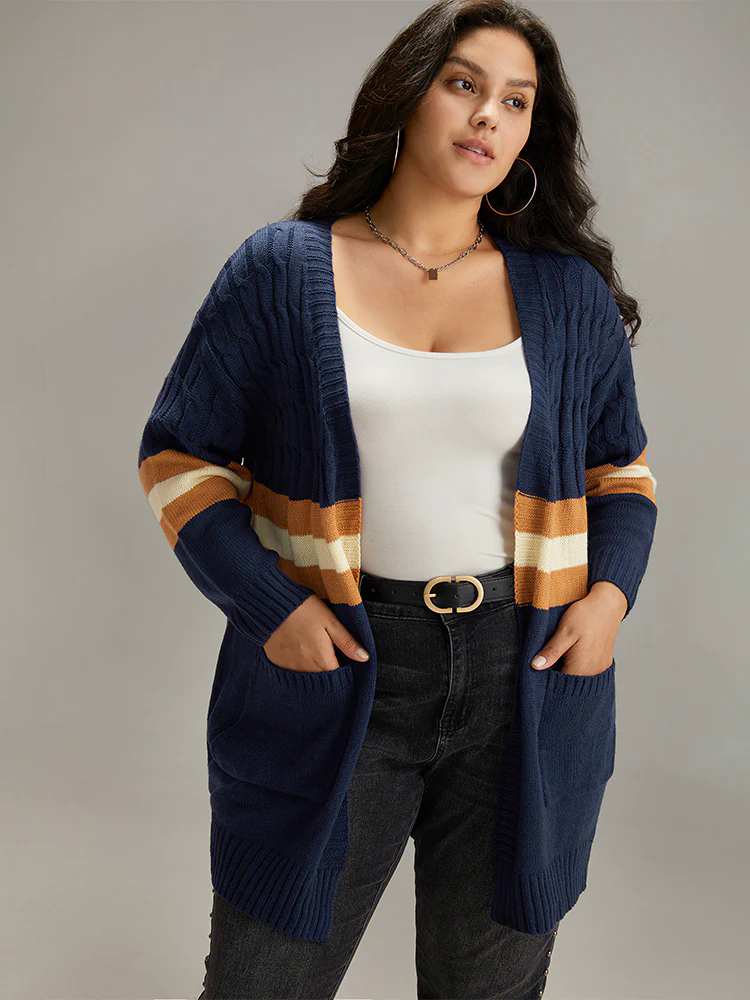 Cable Knit Colorblock Contrast Open Front Cardigan Cable Knit Colorblock Contrast Open Front Cardigan