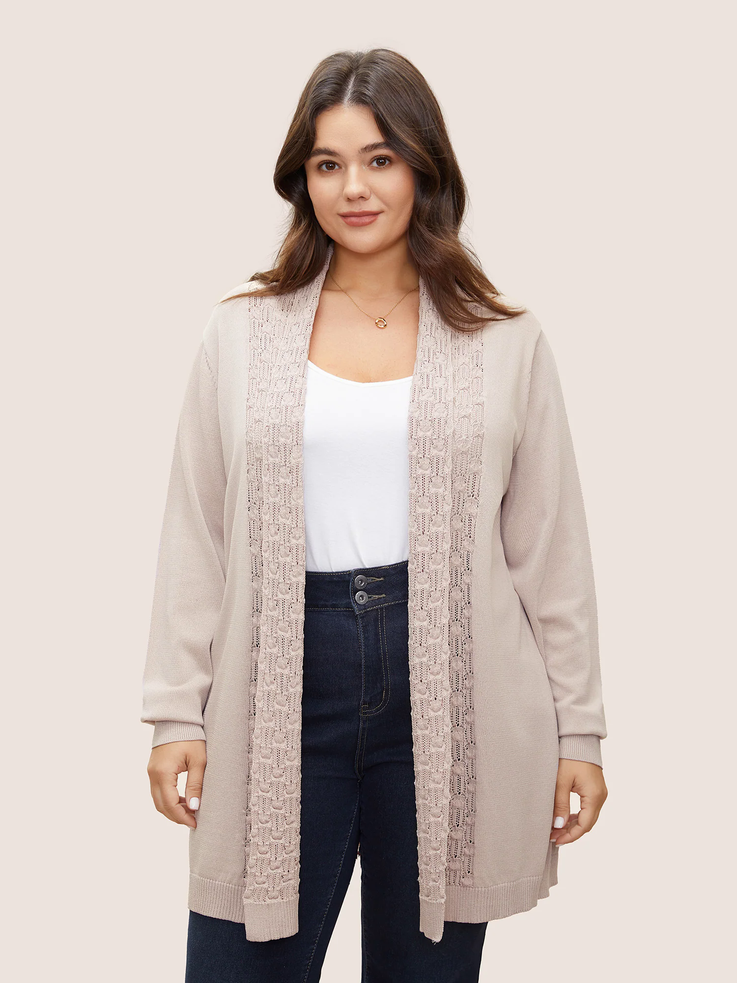 Plain Lapel Collar Pointelle Knit Backless Cardigan Plain Lapel Collar Pointelle Knit Backless Cardigan