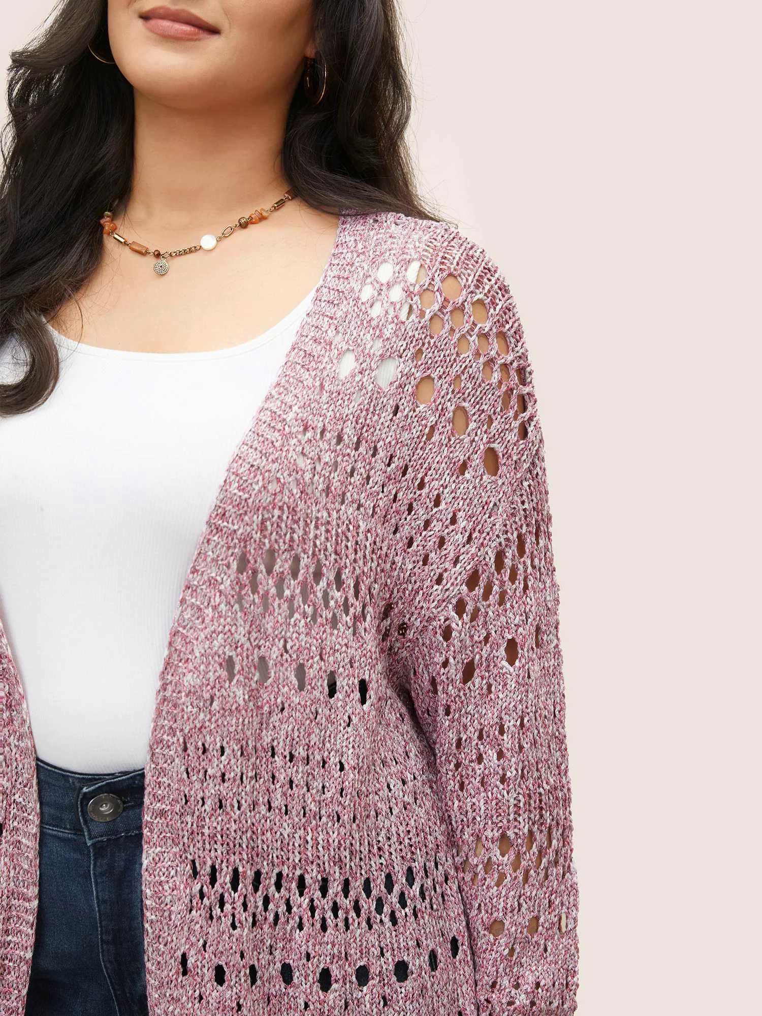 Heather Hollow Out Drop Shoulder Cardigan Heather Hollow Out Drop Shoulder Cardigan