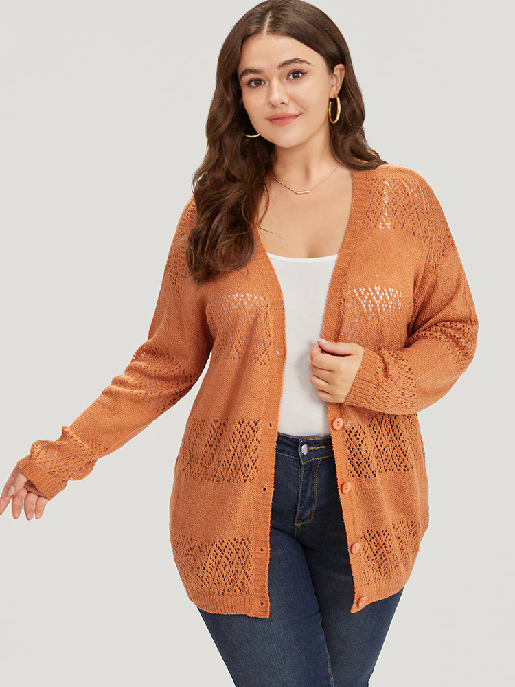Plain Geometric Eyelet Button Through Loose Cardigan Plain Geometric Eyelet Button Through Loose Cardigan
