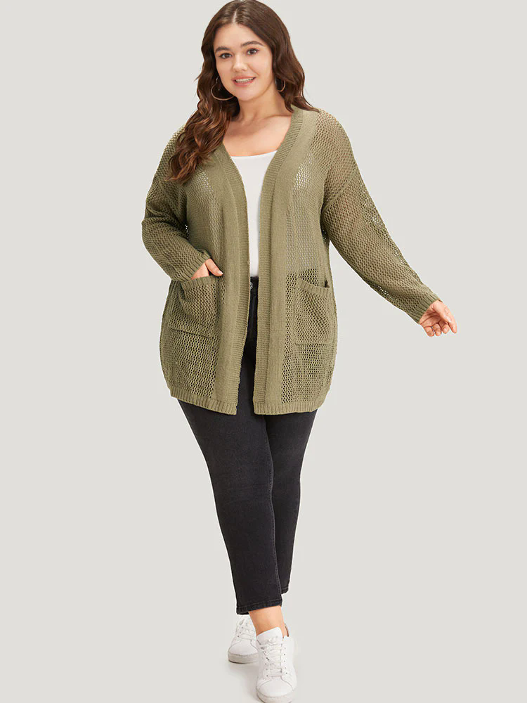 Solid Patched Pocket Open Front Patchwork Cardigan Solid Patched Pocket Open Front Patchwork Cardigan