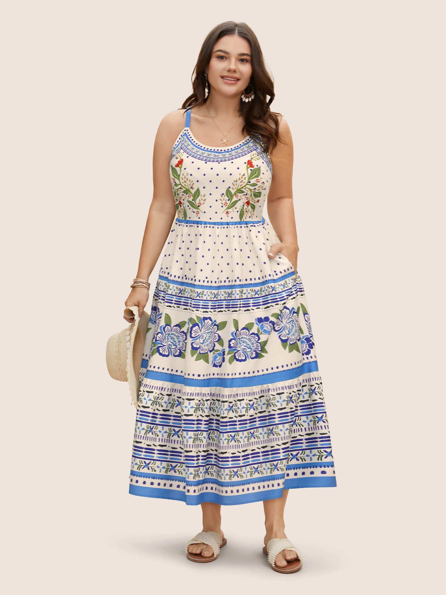 Boho Print Elastic Waist Cami Midi Dress Boho Print Elastic Waist Cami Midi Dress