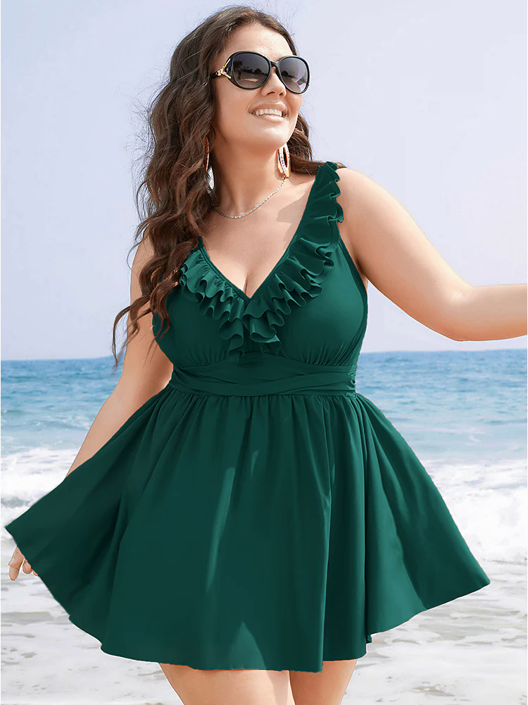 Ruffle Trim Adjustable Straps Gathered Sculpt Waist Swim Dress Ruffle Trim Adjustable Straps Gathered Sculpt Waist Swim Dress