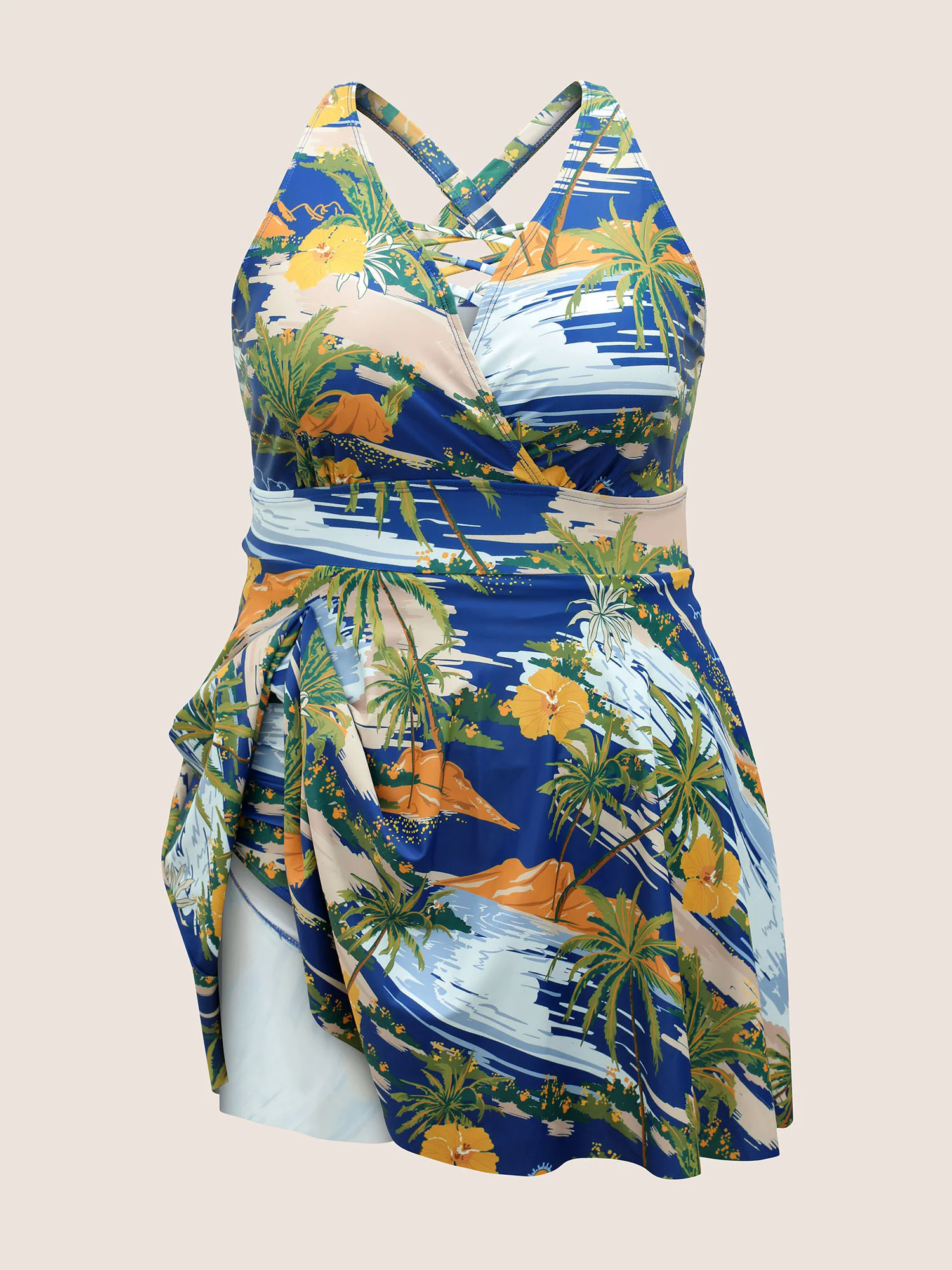 Tropical Print Crisscross Cut Out Swim Dress Tropical Print Crisscross Cut Out Swim Dress