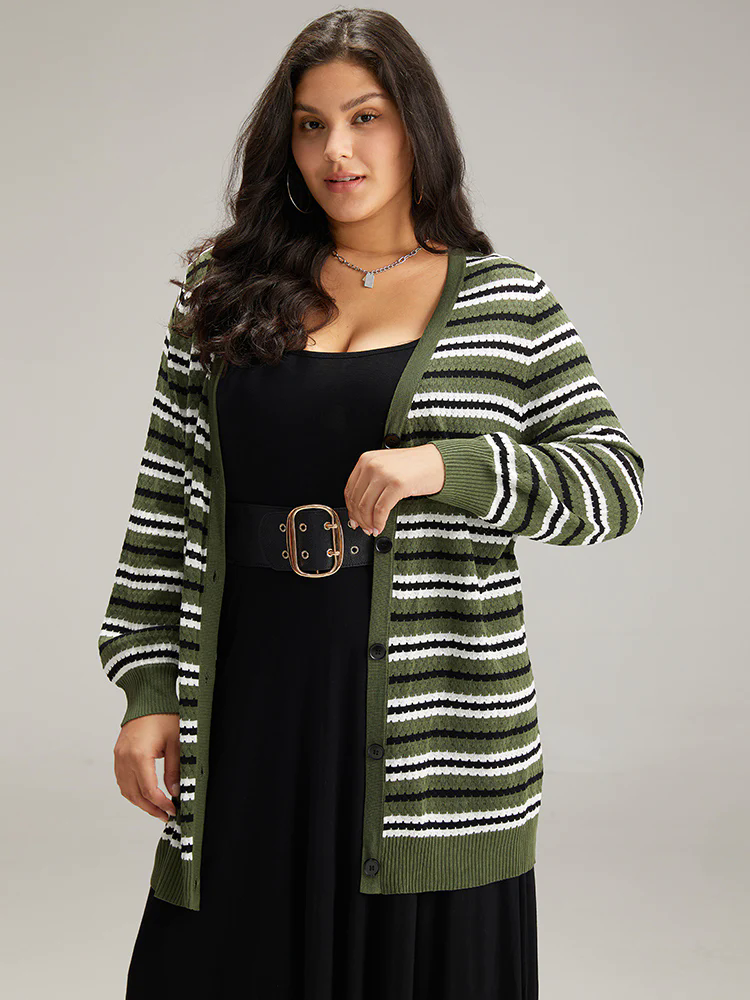 Striped Contrast Elastic Cuffs Button Through Cardigan Striped Contrast Elastic Cuffs Button Through Cardigan