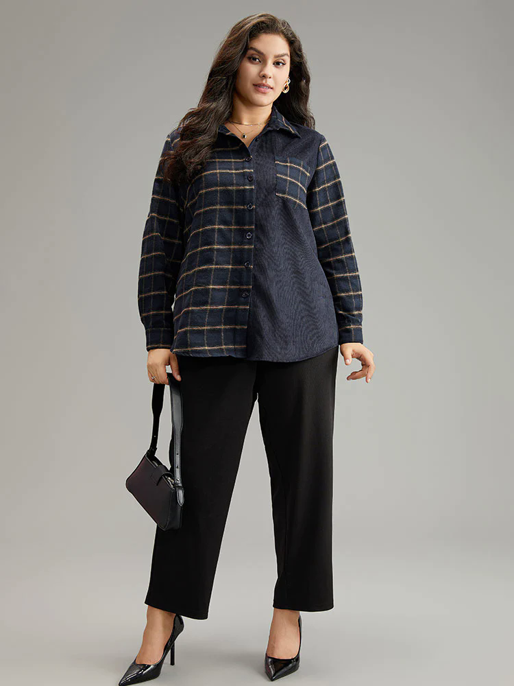 Shirt Collar Plaid Patchwork Pocket Blouse Shirt Collar Plaid Patchwork Pocket Blouse