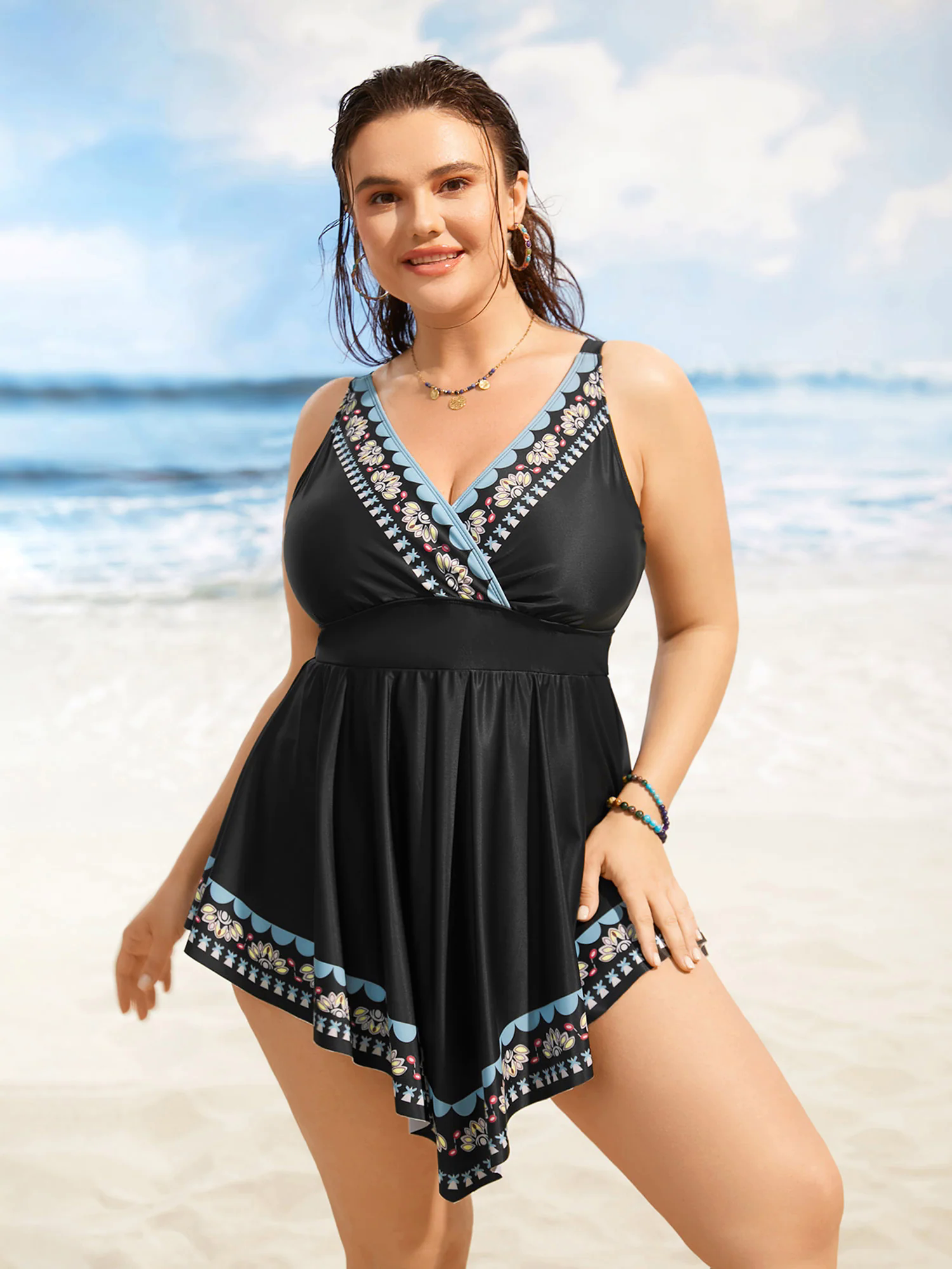 Overlap Collar Boho Print Hanky Hem Swim Dress Overlap Collar Boho Print Hanky Hem Swim Dress