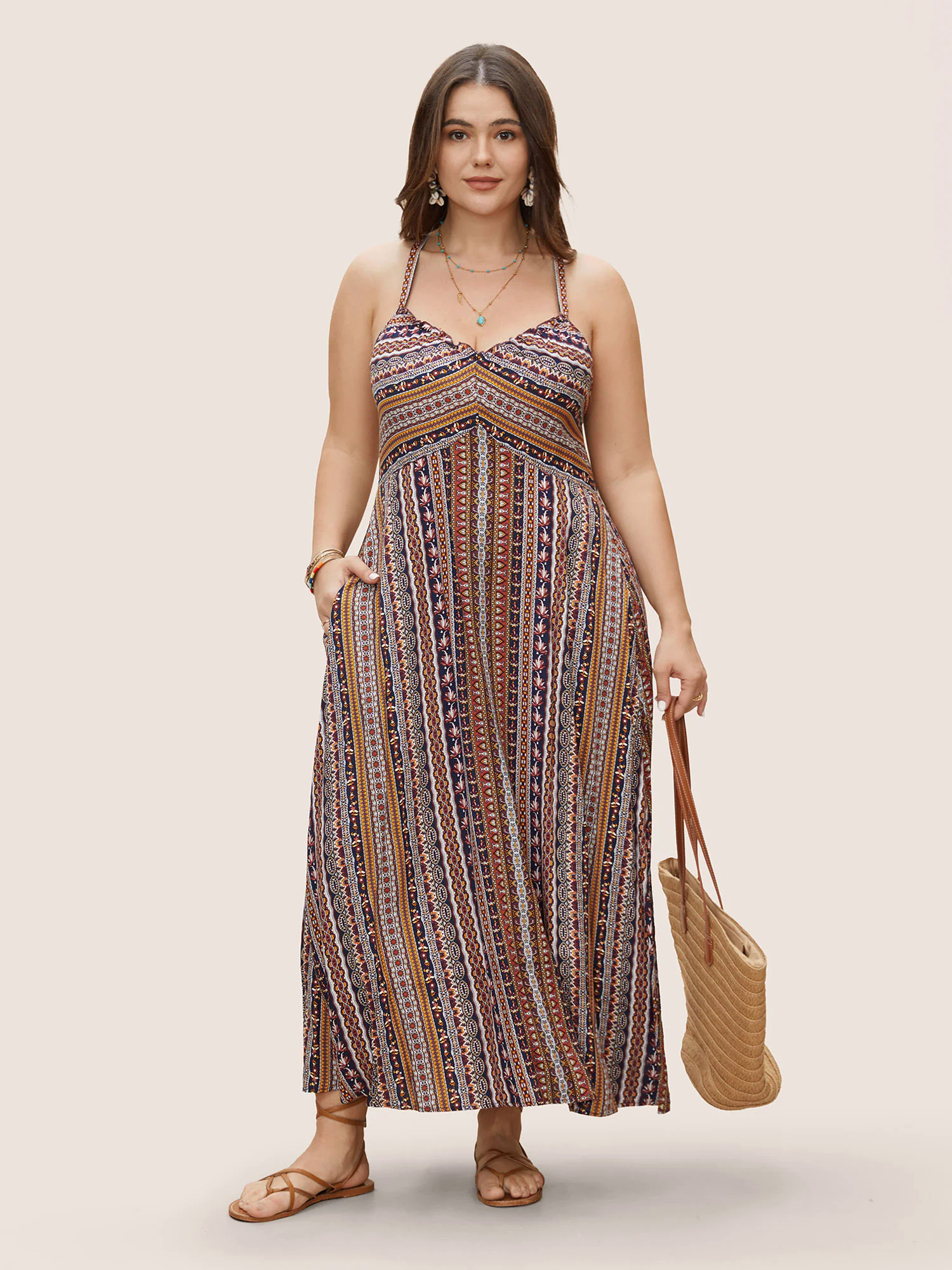 Boho Print Elastic Waist Split Hem Cami Dress Boho Print Elastic Waist Split Hem Cami Dress