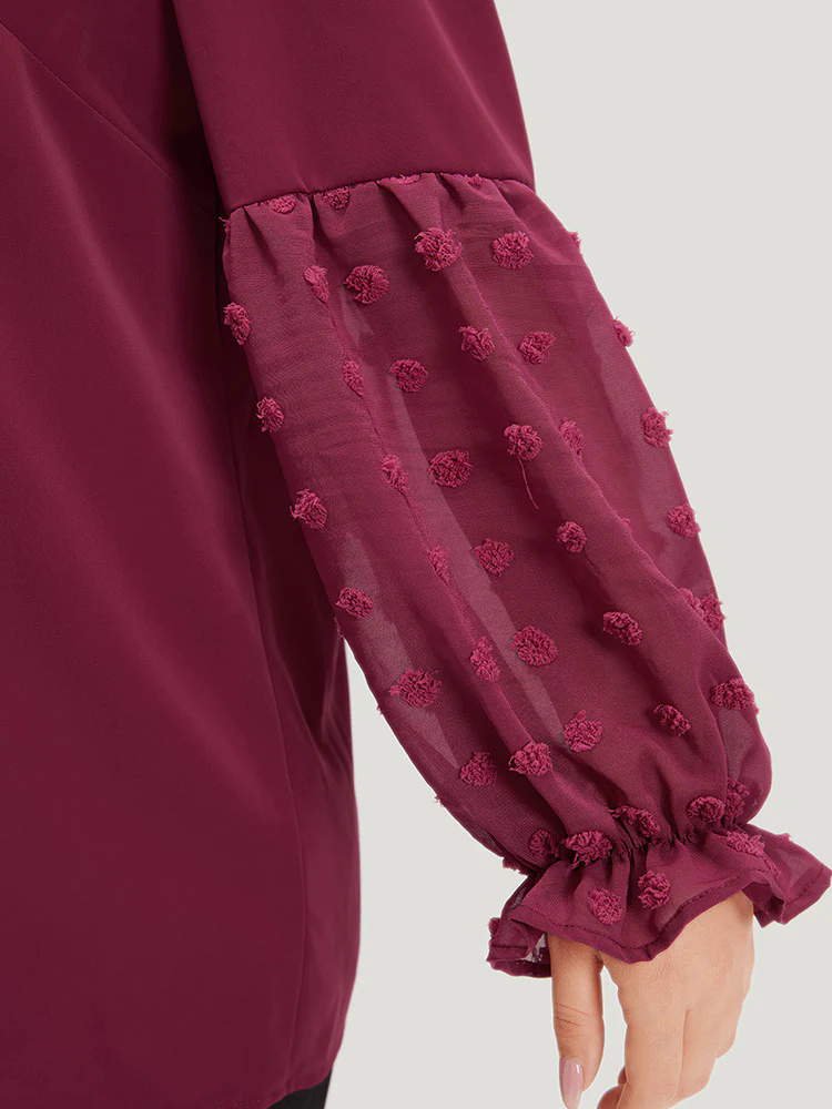 Anti-Wrinkle Plain Knot Neck Frill Trim Lantern Sleeve Blouse