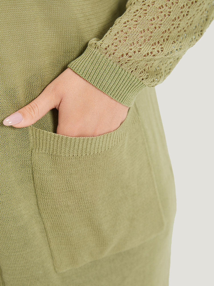 Solid Patched Pocket Geometric Eyelet Raglan Sleeve Cardigan Solid Patched Pocket Geometric Eyelet Raglan Sleeve Cardigan