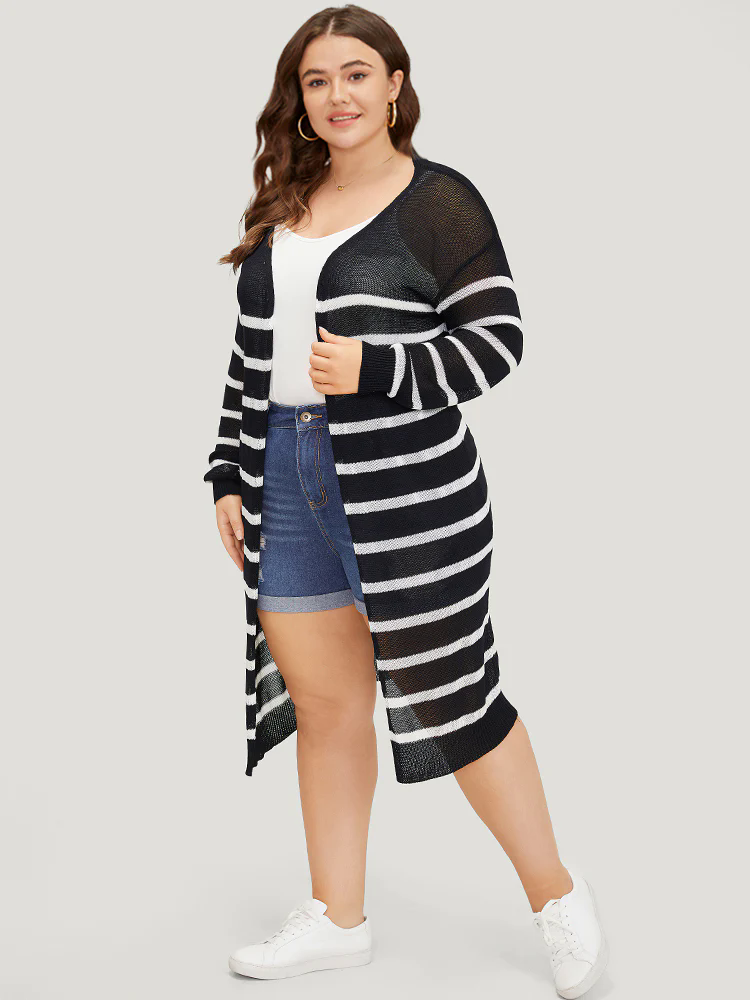 Striped Open Front Elastic Cuffs Drop Shoulder Cardigan Striped Open Front Elastic Cuffs Drop Shoulder Cardigan