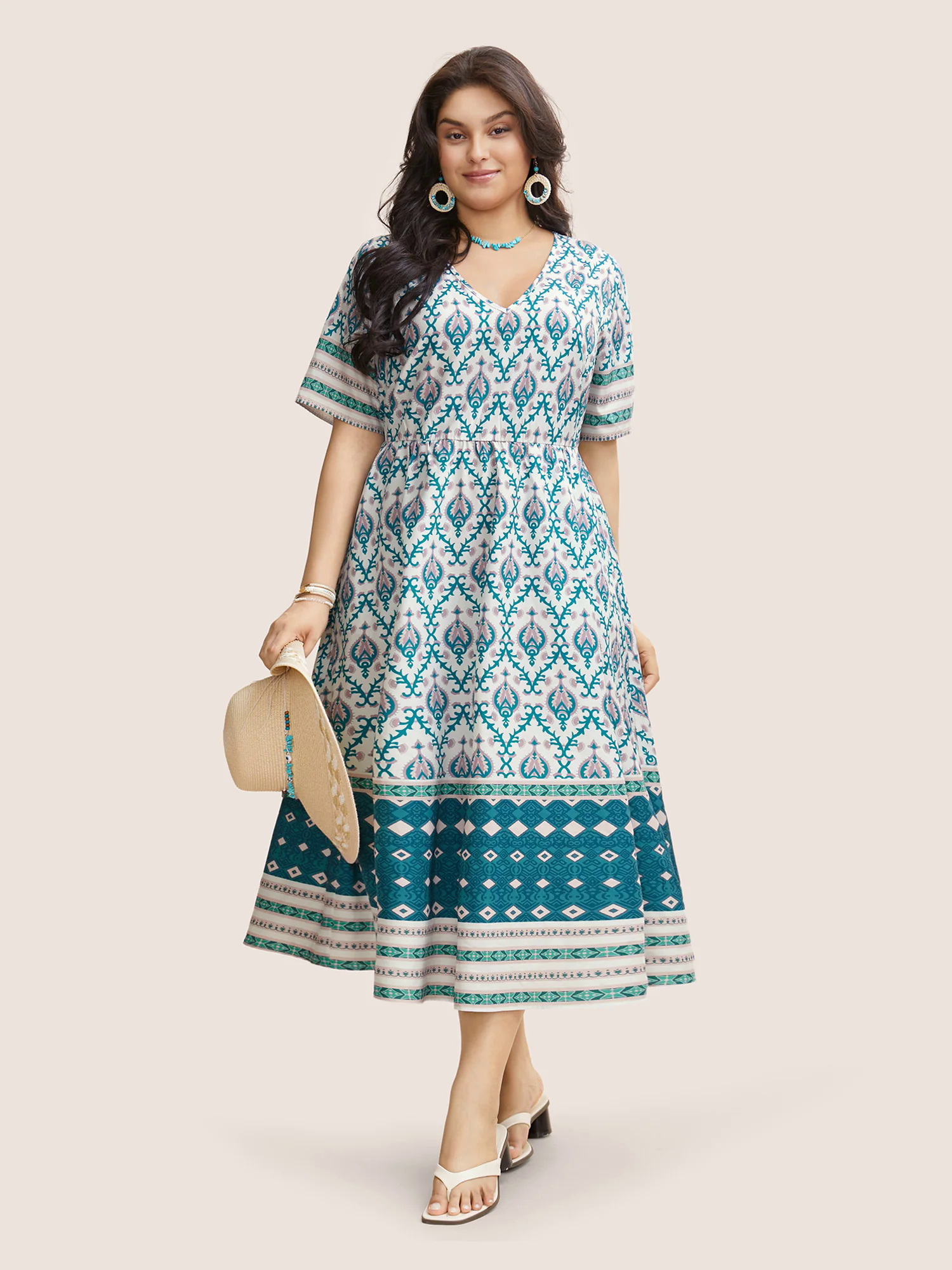 V Neck Boho Print Ruffle Sleeve Midi Dress V Neck Boho Print Ruffle Sleeve Midi Dress