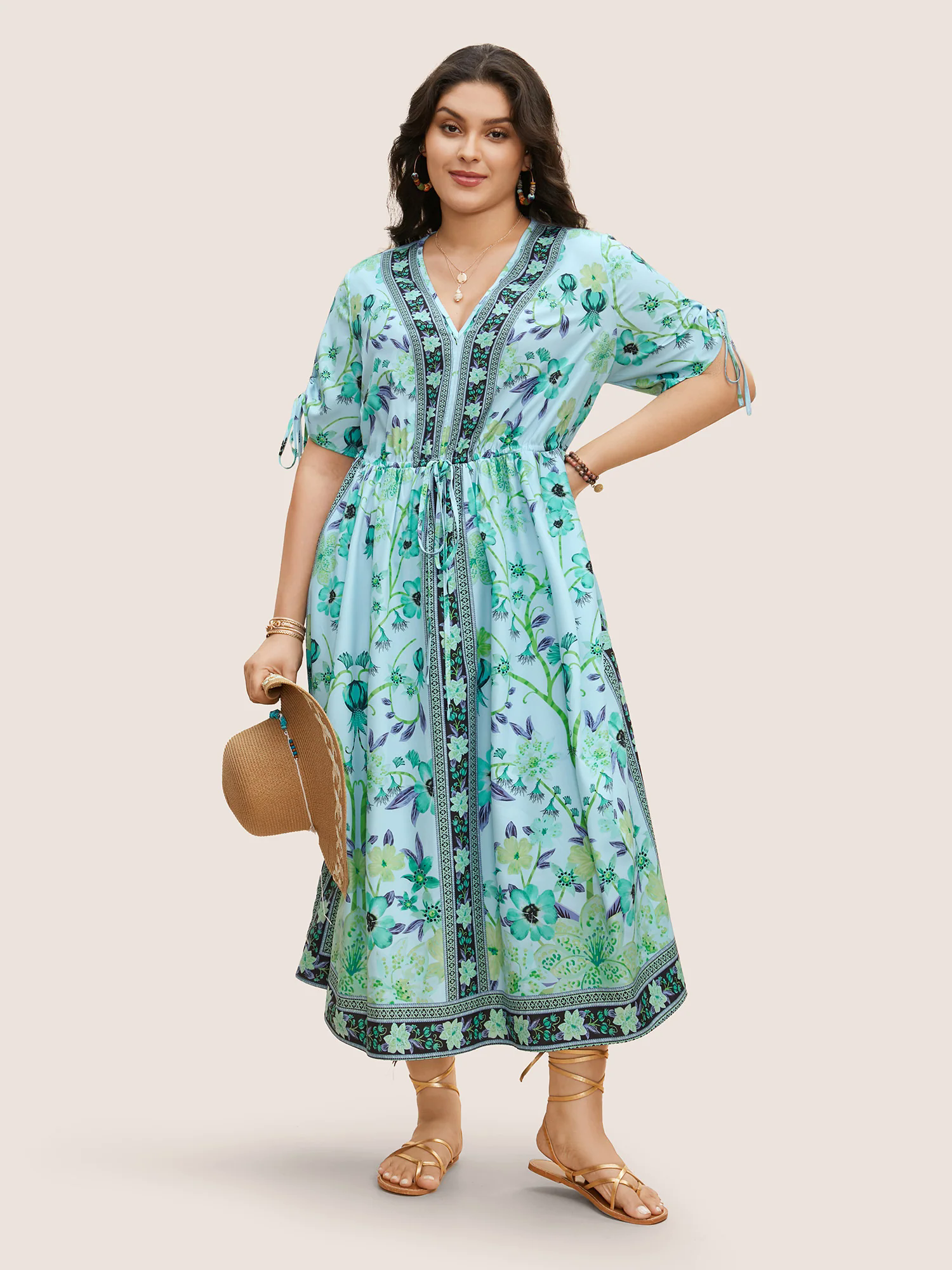 Boho Print V Neck Drawstring Dress Boho Print V Neck Drawstring Dress