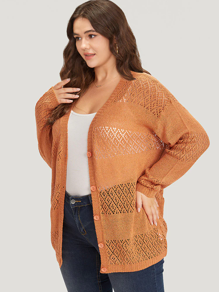 Plain Geometric Eyelet Button Through Loose Cardigan Plain Geometric Eyelet Button Through Loose Cardigan