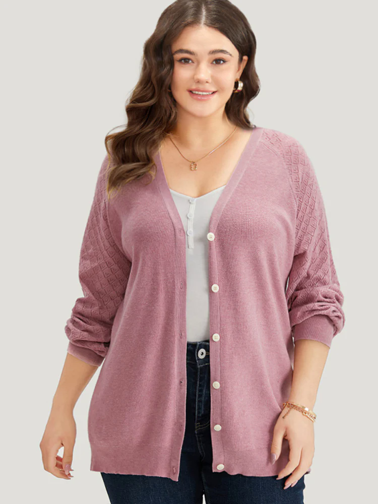 Plain Raglan Sleeve Eyelet Button Fly Cardigan Plain Raglan Sleeve Eyelet Button Fly Cardigan