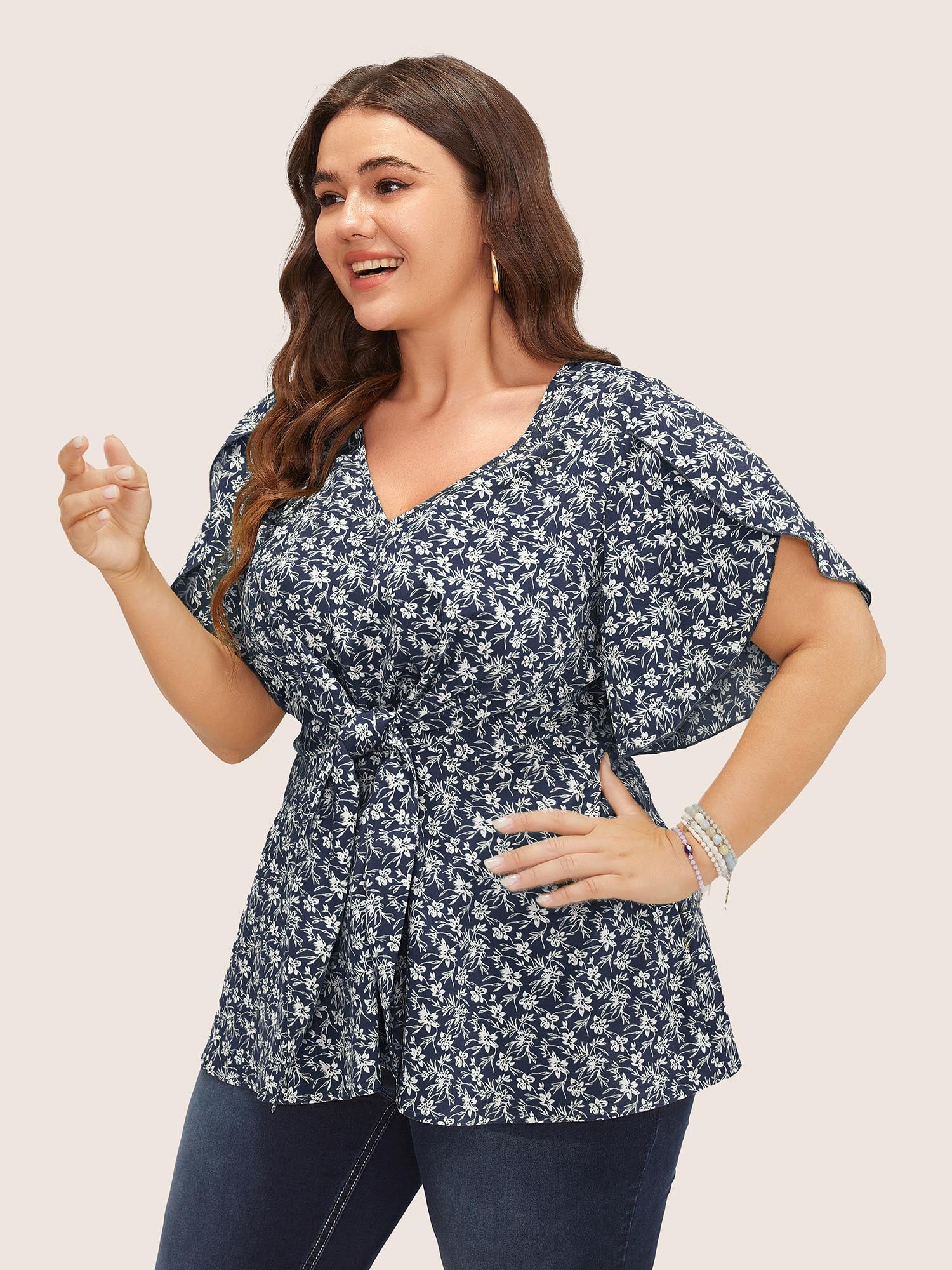 Ditsy Floral Split Petal Sleeve Tie Front Blouse Ditsy Floral Split Petal Sleeve Tie Front Blouse
