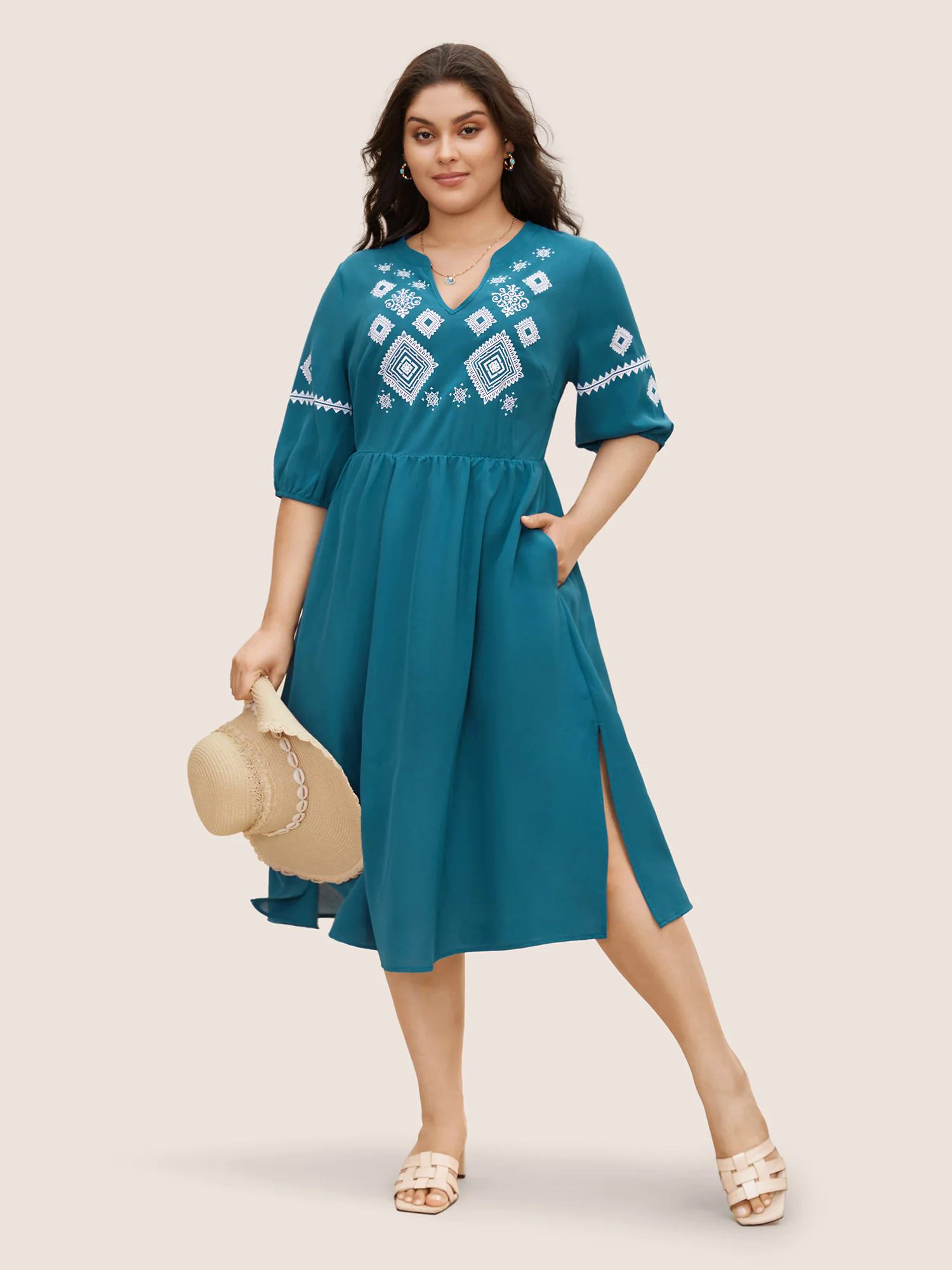 Bandana Notched Collar Split Hem Midi Dress Bandana Notched Collar Split Hem Midi Dress