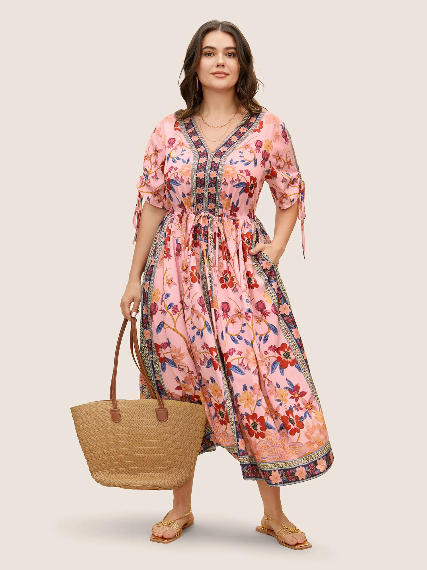 Boho Print V Neck Drawstring Dress Boho Print V Neck Drawstring Dress