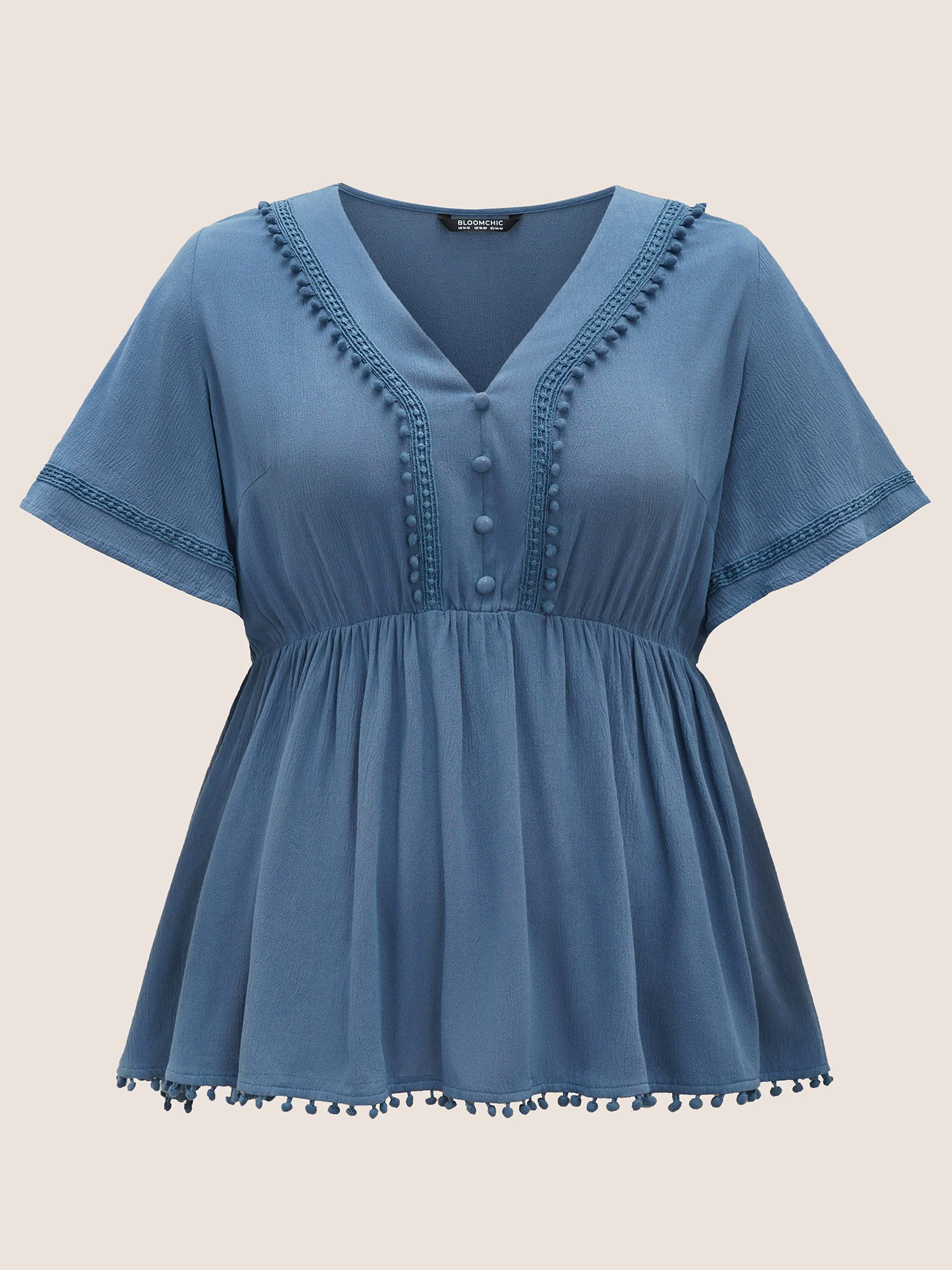 Rayon Plain Button Detail Pompom Trim Blouse Rayon Plain Button Detail Pompom Trim Blouse