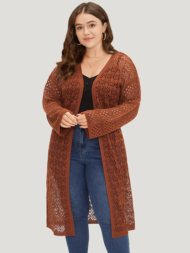 Plain Hollow Out Split Side Maxi Cardigan Plain Hollow Out Split Side Maxi Cardigan