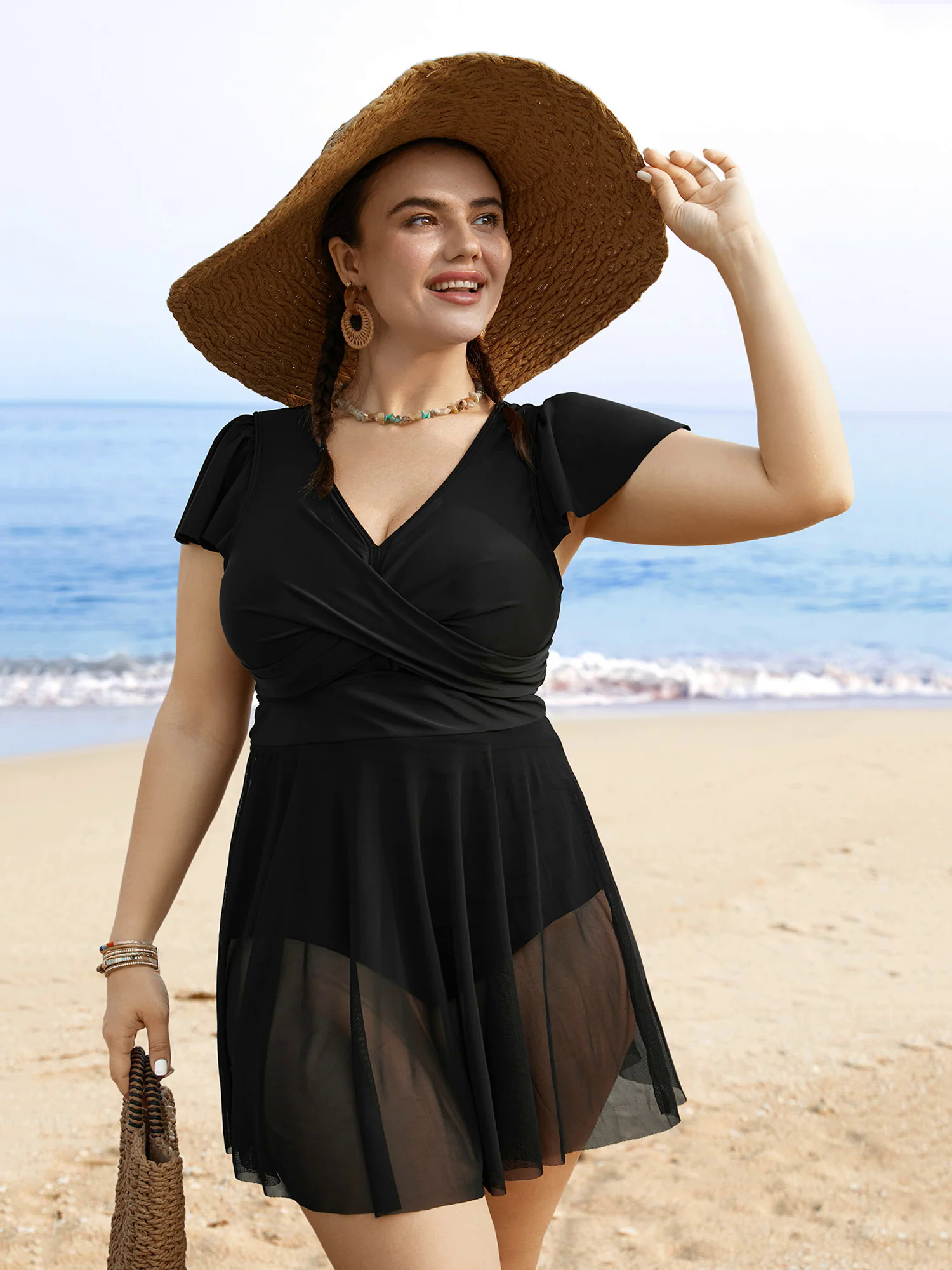 Solid Ruffles Gathered See Through Swim Dress Solid Ruffles Gathered See Through Swim Dress
