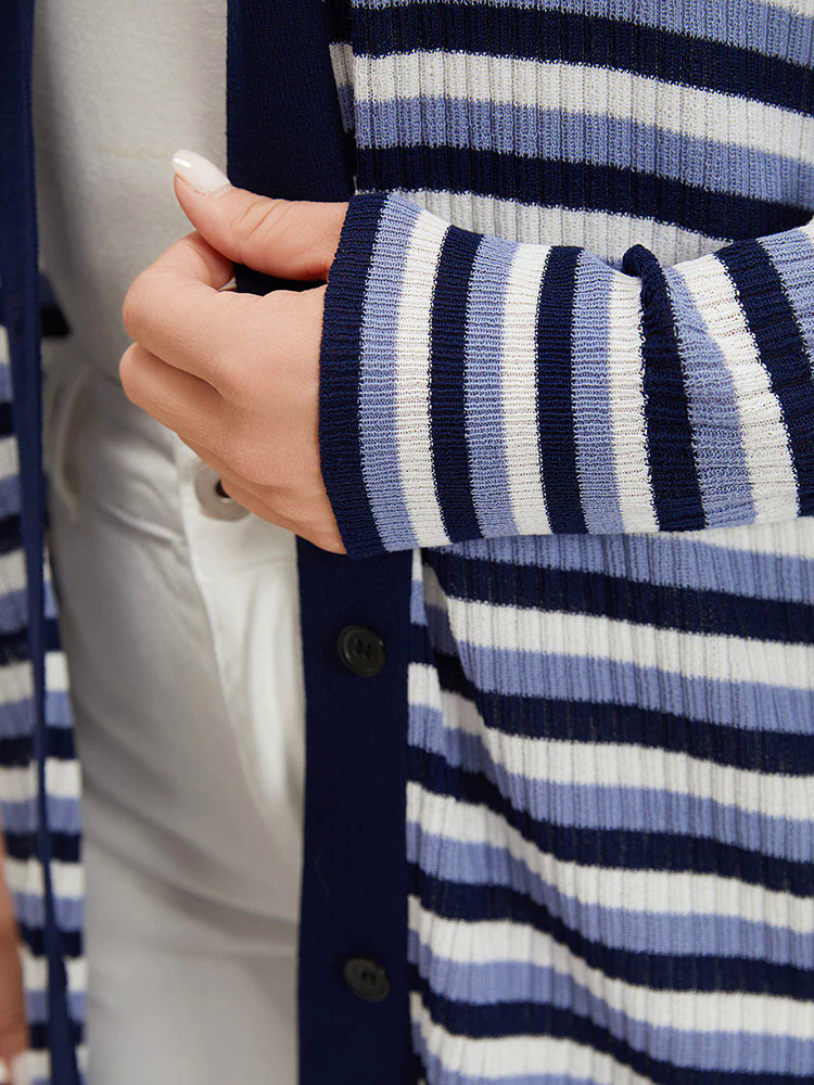 Contrast Striped Rib Knit Button Through Cardigan Contrast Striped Rib Knit Button Through Cardigan