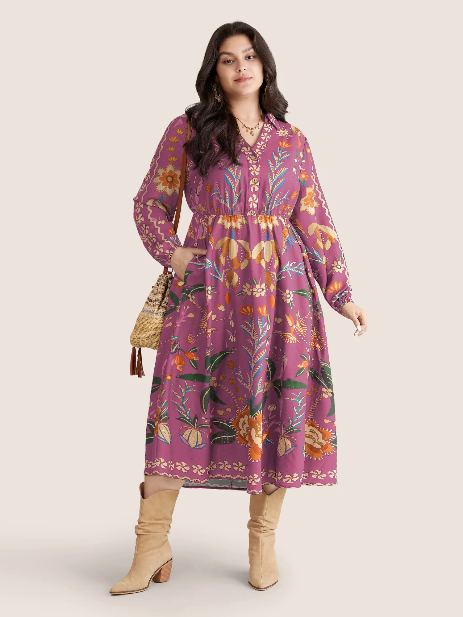 Bandana Print Pocket Lapel Collar Elastic Cuffs Dress