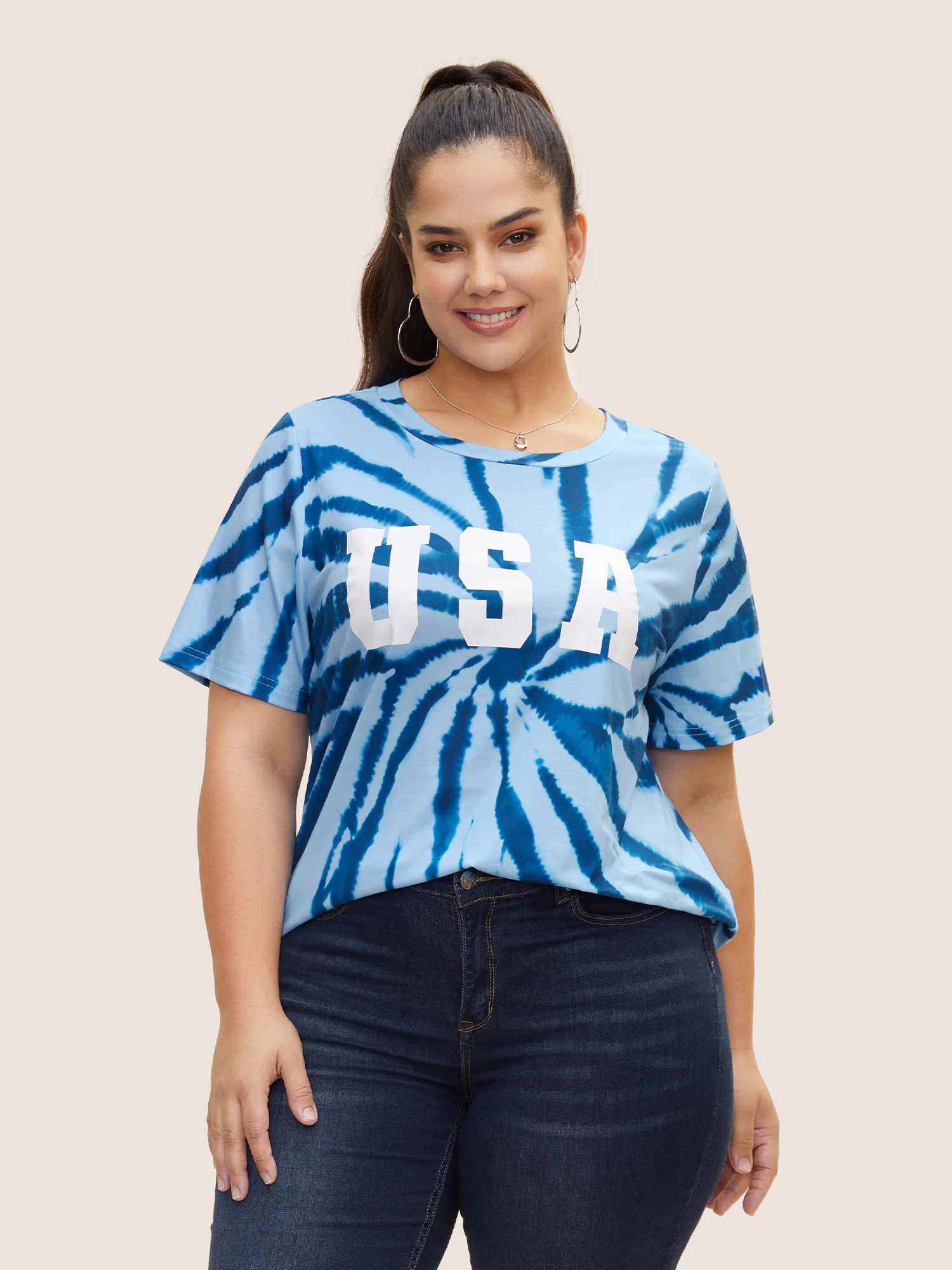 USA Print Round Neck Tie Dye T-Shirt USA Print Round Neck Tie Dye T-Shirt