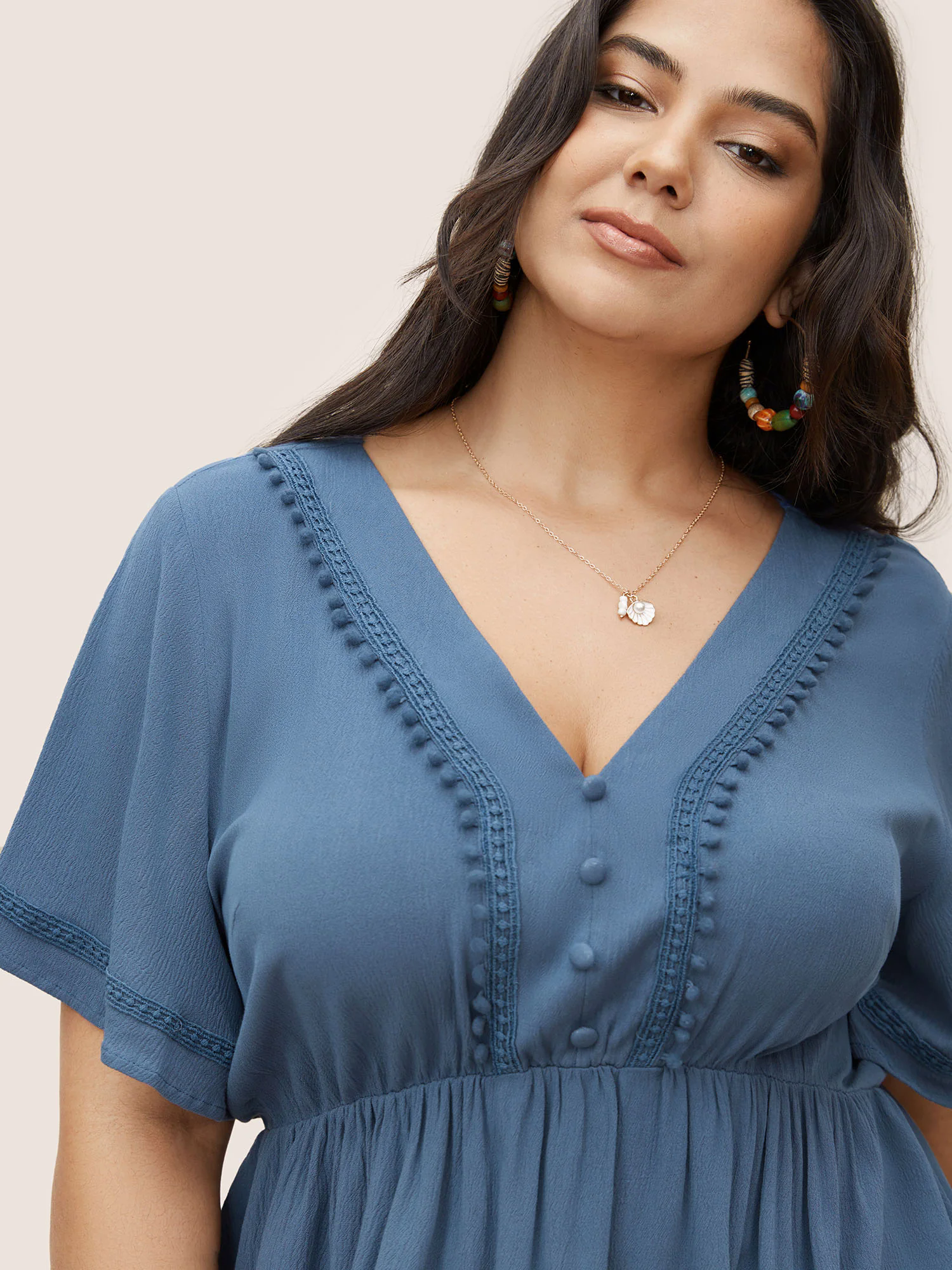Rayon Plain Button Detail Pompom Trim Blouse Rayon Plain Button Detail Pompom Trim Blouse