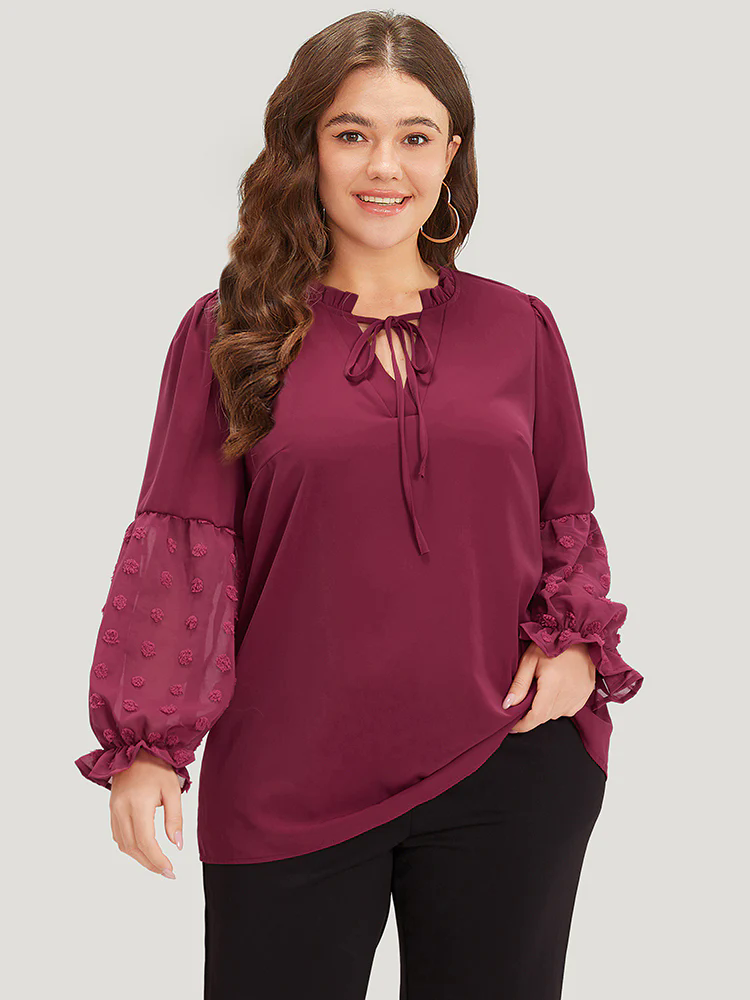 Anti-Wrinkle Plain Knot Neck Frill Trim Lantern Sleeve Blouse