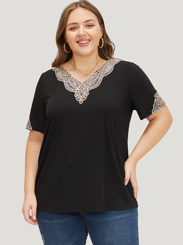 Plain Guipure Lace V Neck T-shirt Plain Guipure Lace V Neck T-shirt