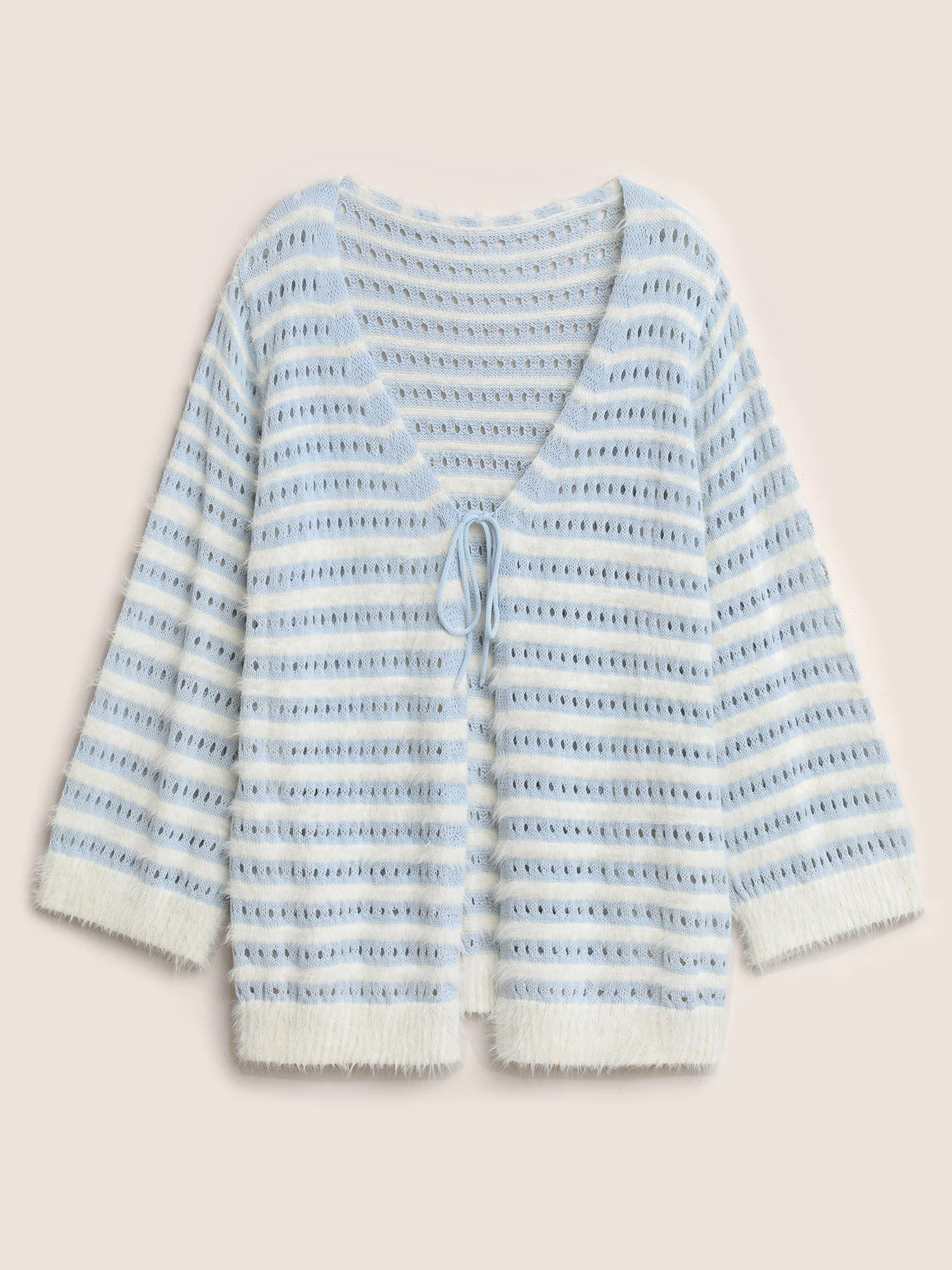 Striped Contrast Ties Front Eyelet Cardigan Striped Contrast Ties Front Eyelet Cardigan