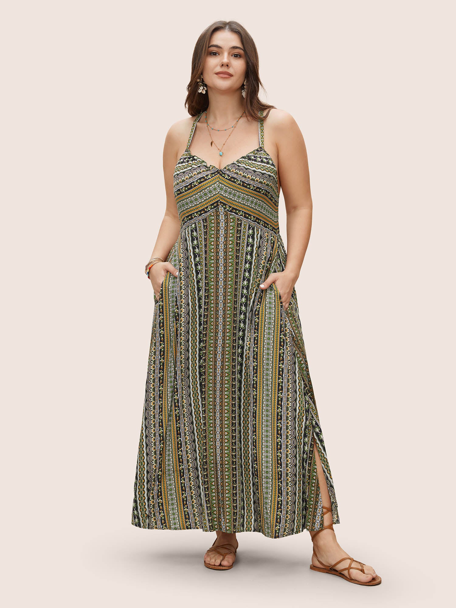 Boho Print Elastic Waist Split Hem Cami Dress Boho Print Elastic Waist Split Hem Cami Dress
