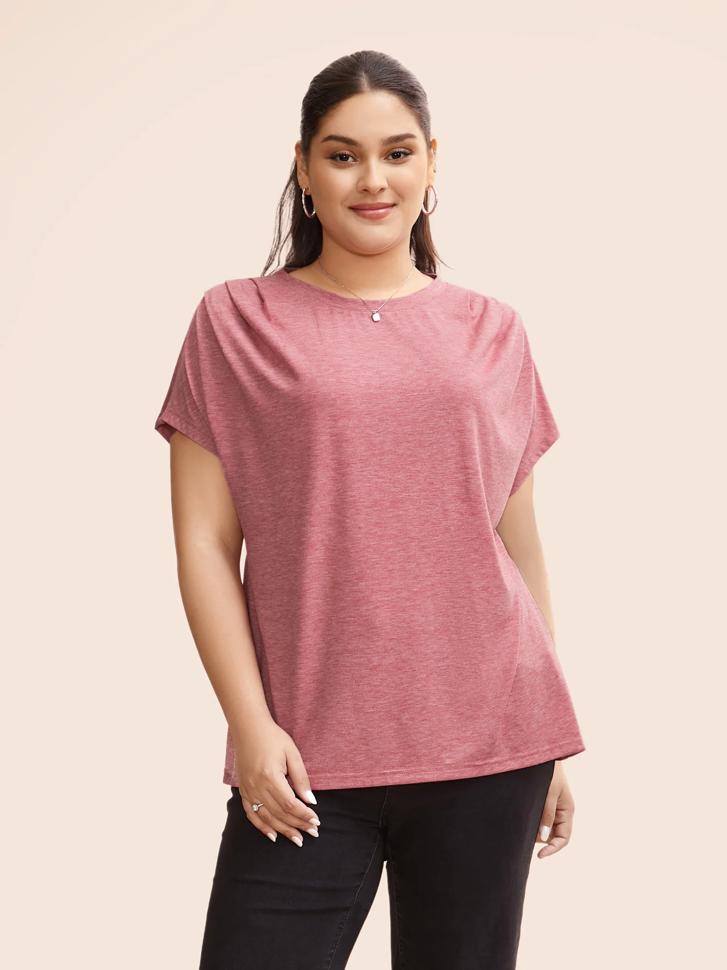 Crew Neck Pleated Dolman Sleeve T-shirt