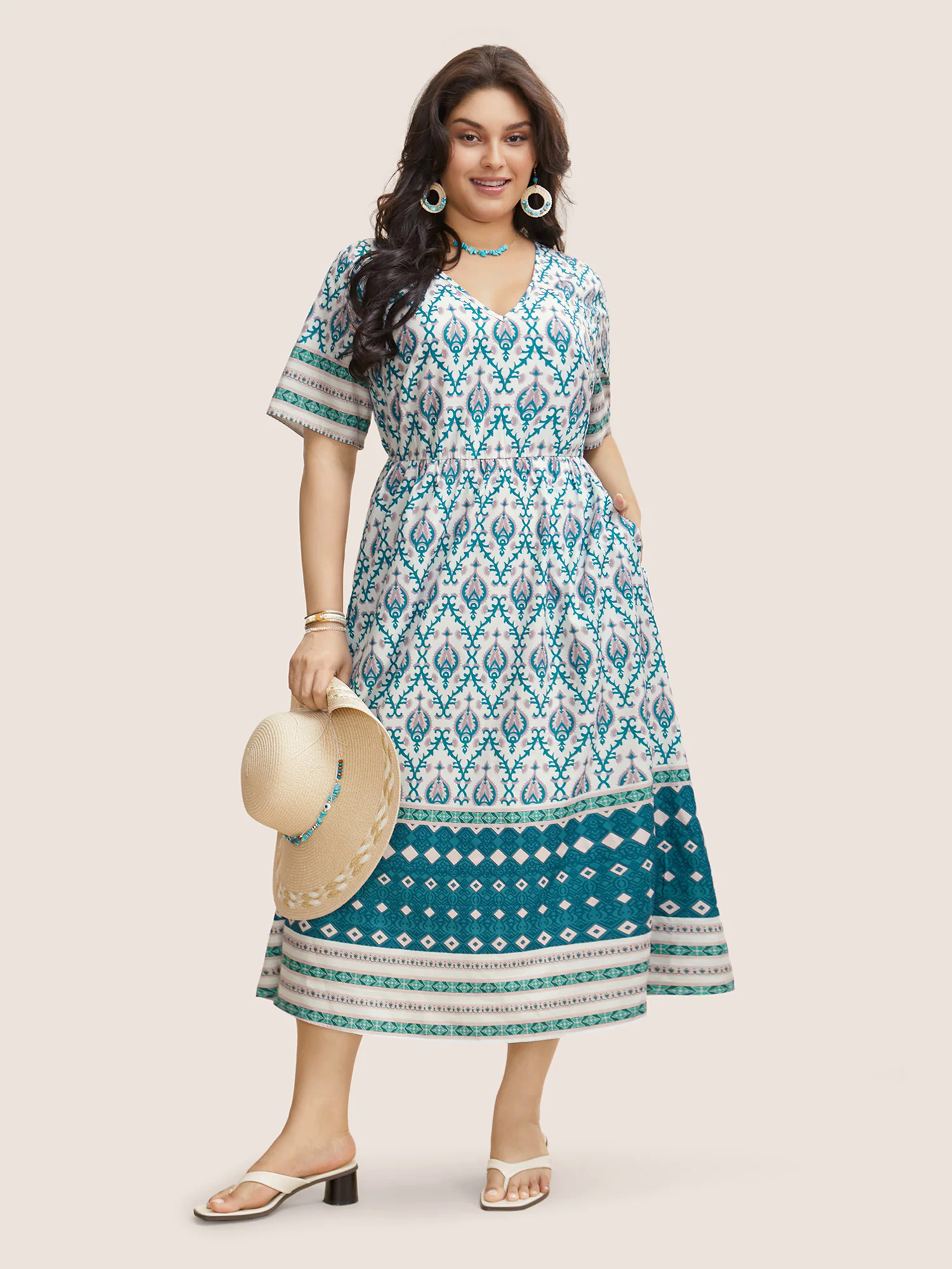 V Neck Boho Print Ruffle Sleeve Midi Dress V Neck Boho Print Ruffle Sleeve Midi Dress