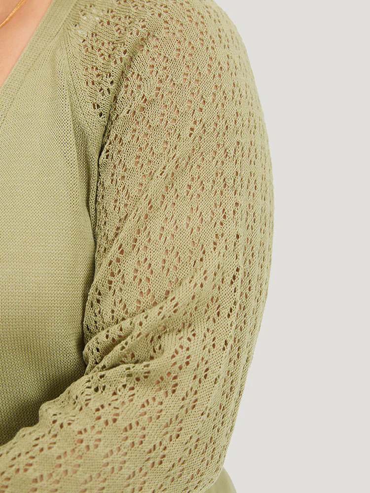 Solid Patched Pocket Geometric Eyelet Raglan Sleeve Cardigan Solid Patched Pocket Geometric Eyelet Raglan Sleeve Cardigan
