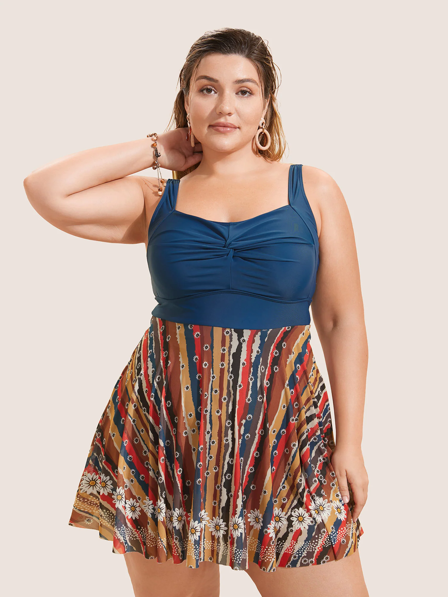 Colored Striped Twist Front Patchwork Swim Dress Colored Striped Twist Front Patchwork Swim Dress